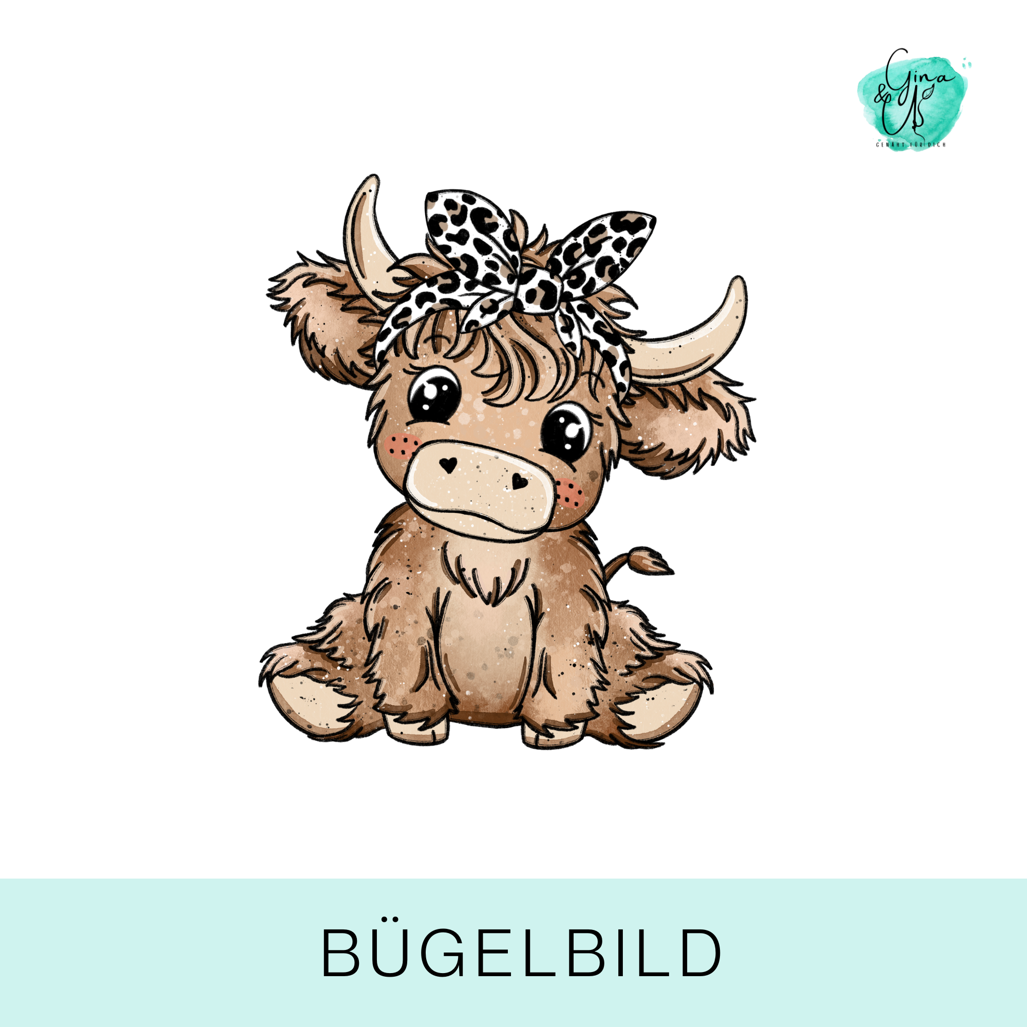Bügelbild süße Highland Kuh mit Leo Haarband von Katzengold Design