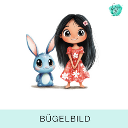 Bügelbild mit Mara & Trix – ein mutiges Mädchen und ihr frecher blauer Begleiter.