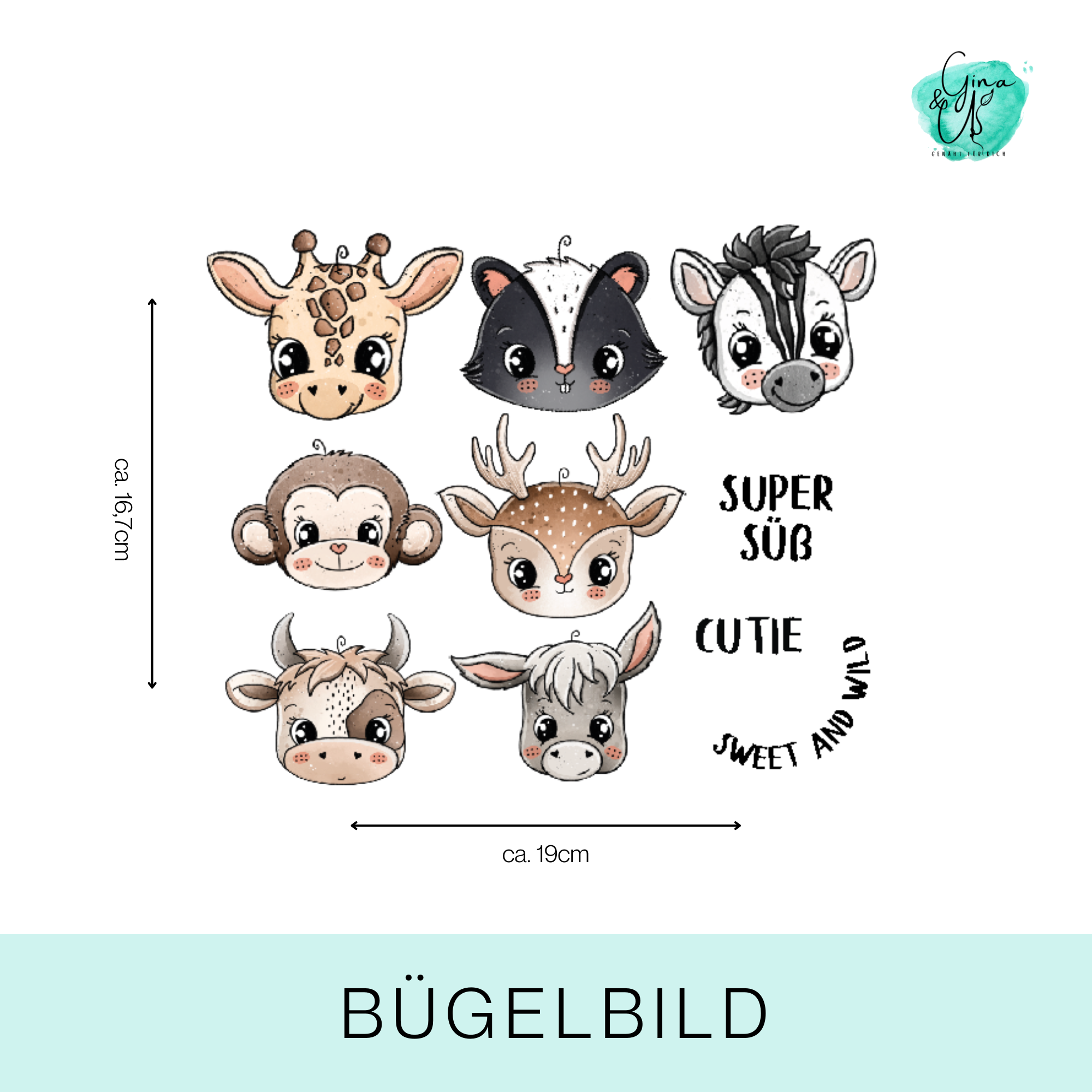 Bügelbild Bogen mit süßen Tieren für Babys mit Giraffe, Stinktier, Zebra, Affe, Reh, Kuh und Zebra sowie Sprüchen. Tiere von Katzengold Design