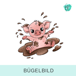 Bügelbild für Kinder mit süßem Schwein in der Matschpfütze von Katzengold Design