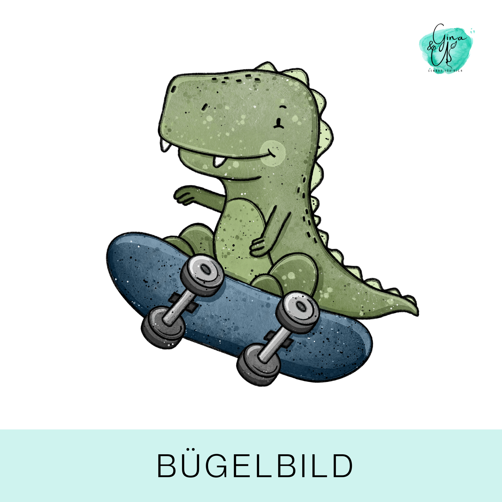Bügelbild für Kinder mit T-Rex mit Skateboard von Katzengold Design