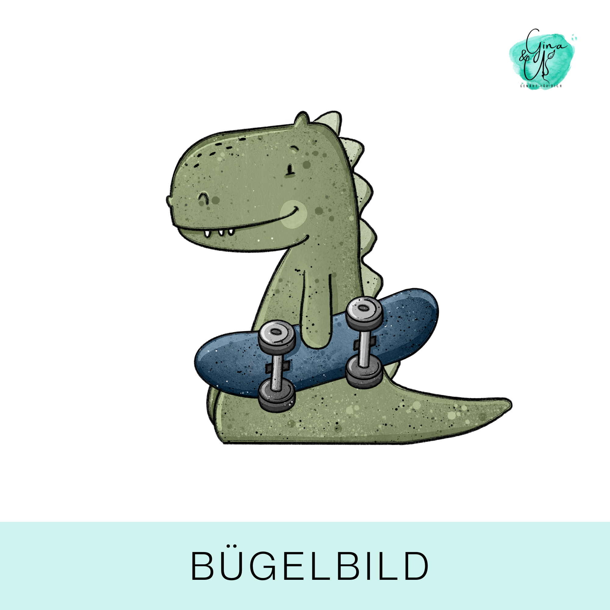 Bügelbild für Kinder mit T-Rex mit Skateboard von Katzengold Design