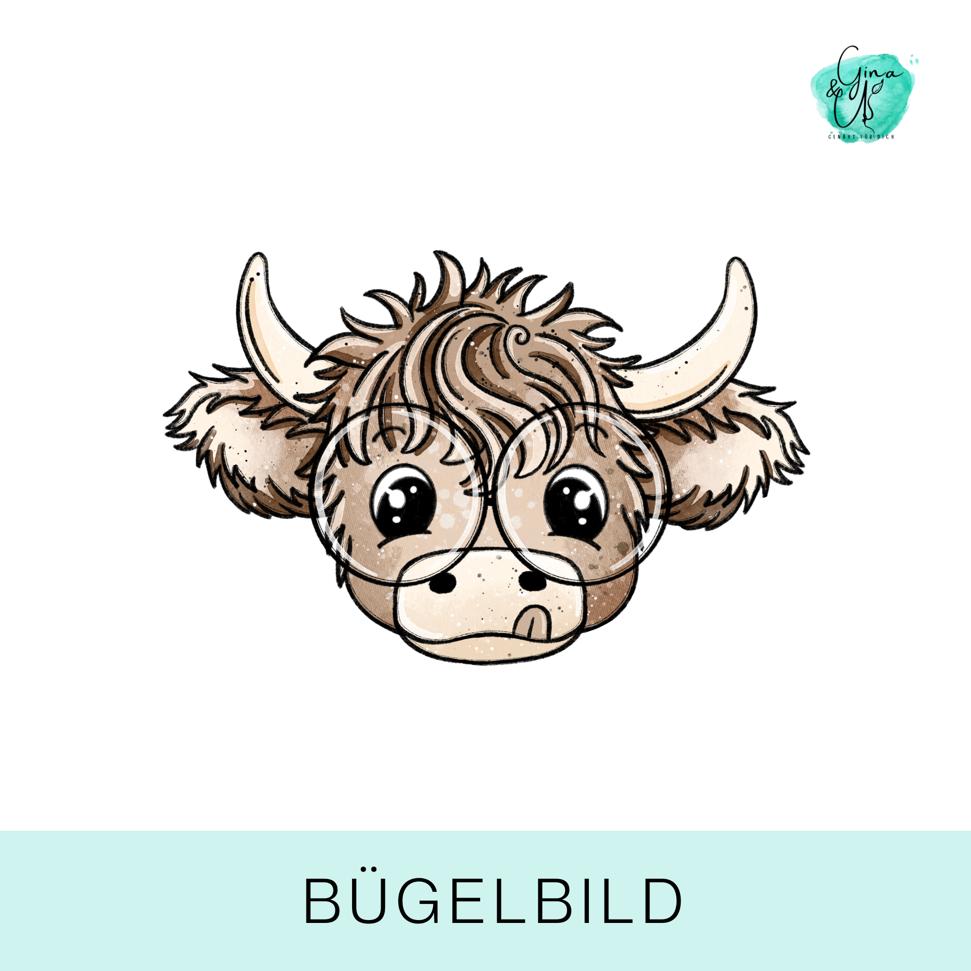 Bügelbild für Kinder süße Highlandcow mit Brille von Katzengold Design