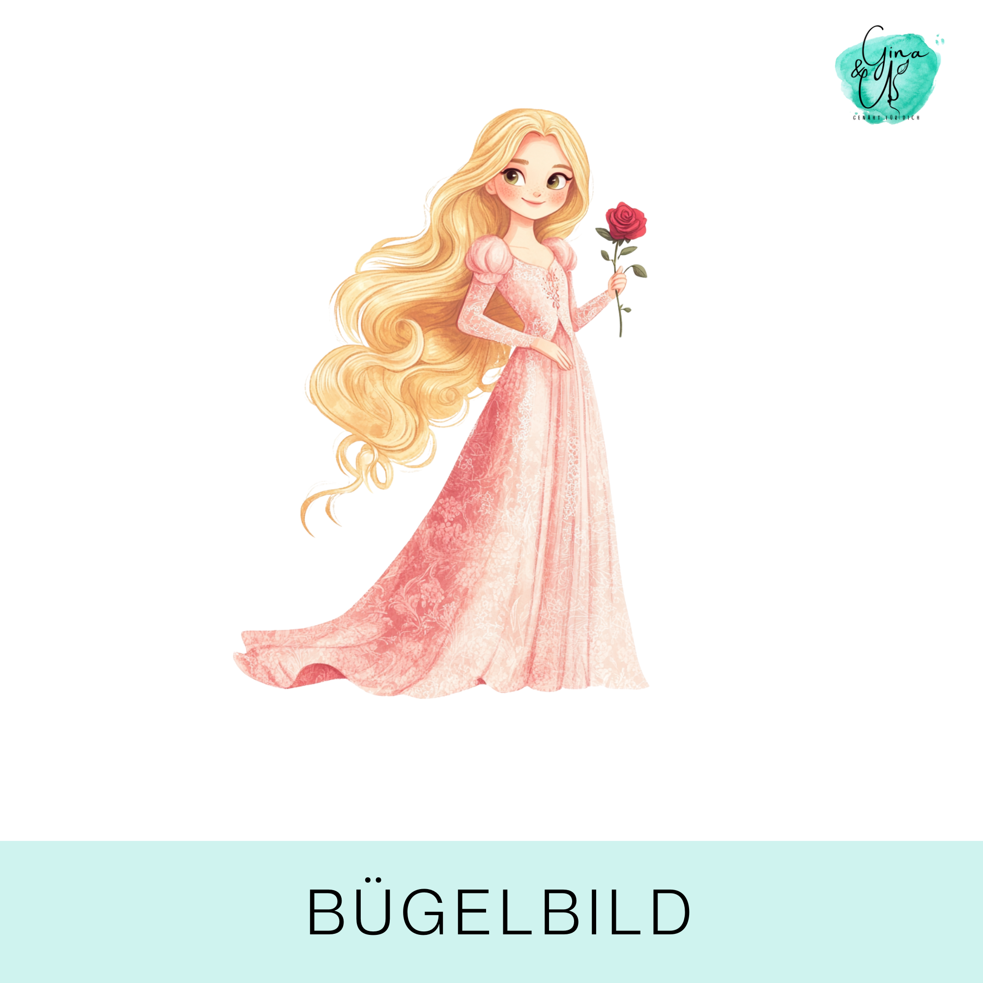 Bügelbild für Kinder Prinzessin mit blondem haar und Rose