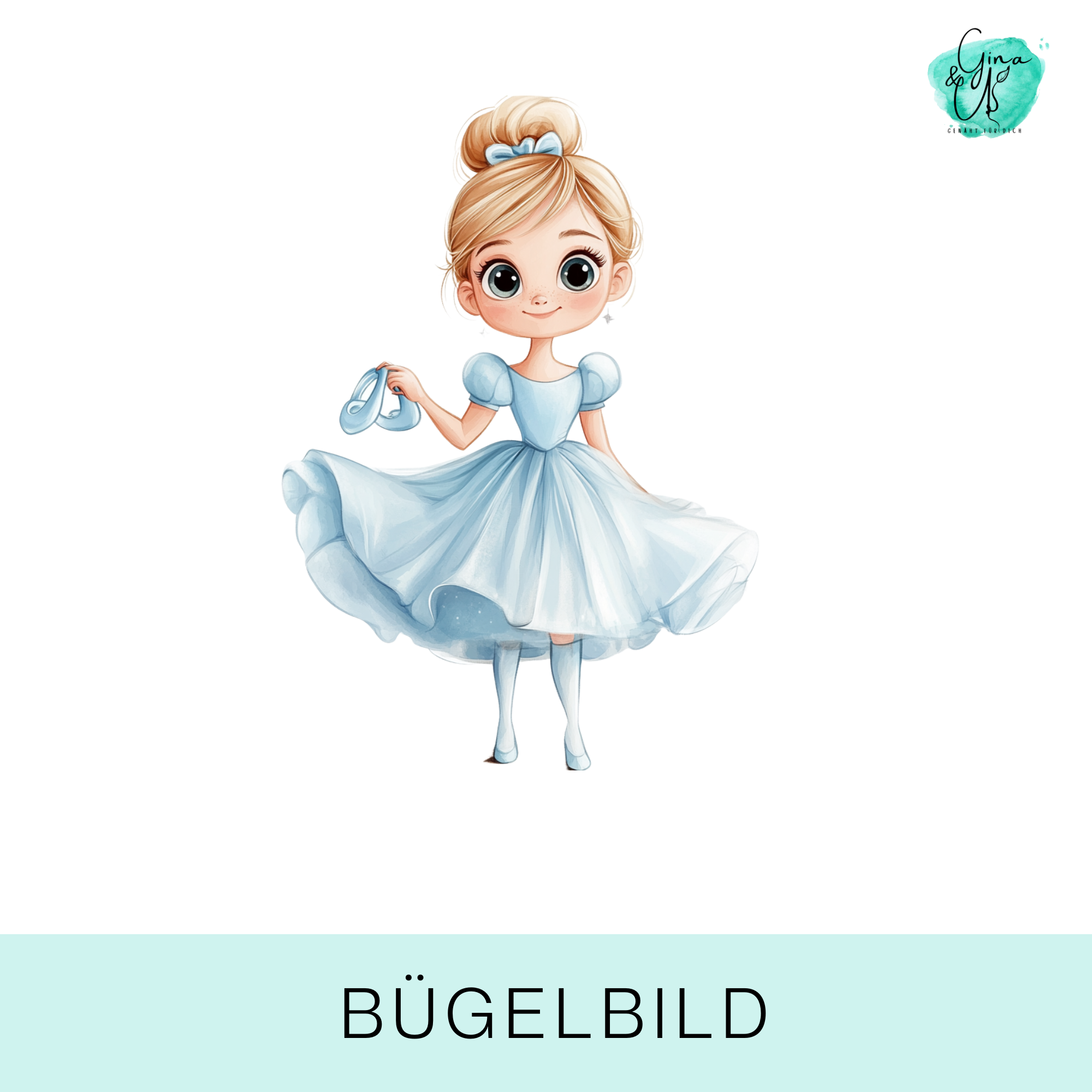 Märchenhaftes Bügelbild mit zauberhafter Prinzessin im blauen Ballkleid und Schuhen in der Hand