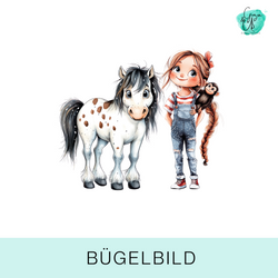 Freches Bügelbild mit starkem Mädchen, Pferd & Äffchen 