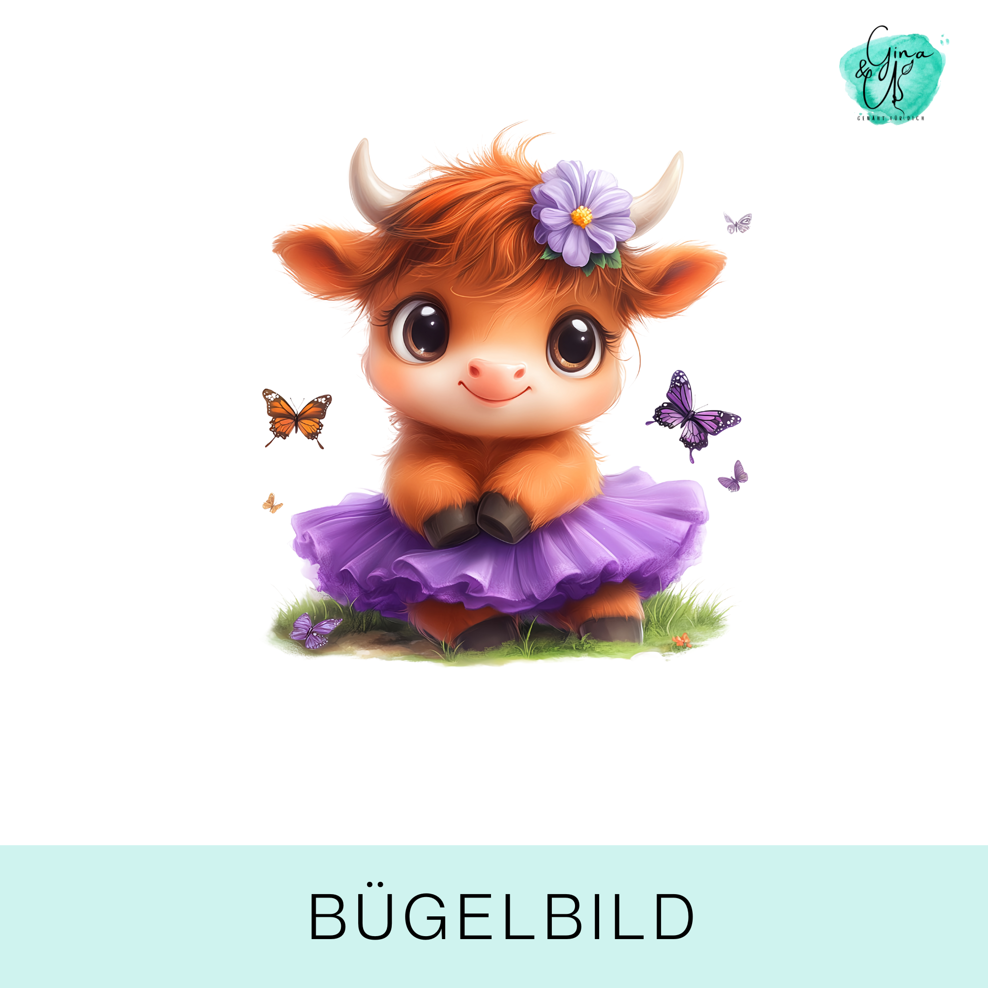 Bügelbild für Kinder süße Kuh mit lila Tütü und Schmetterlingen