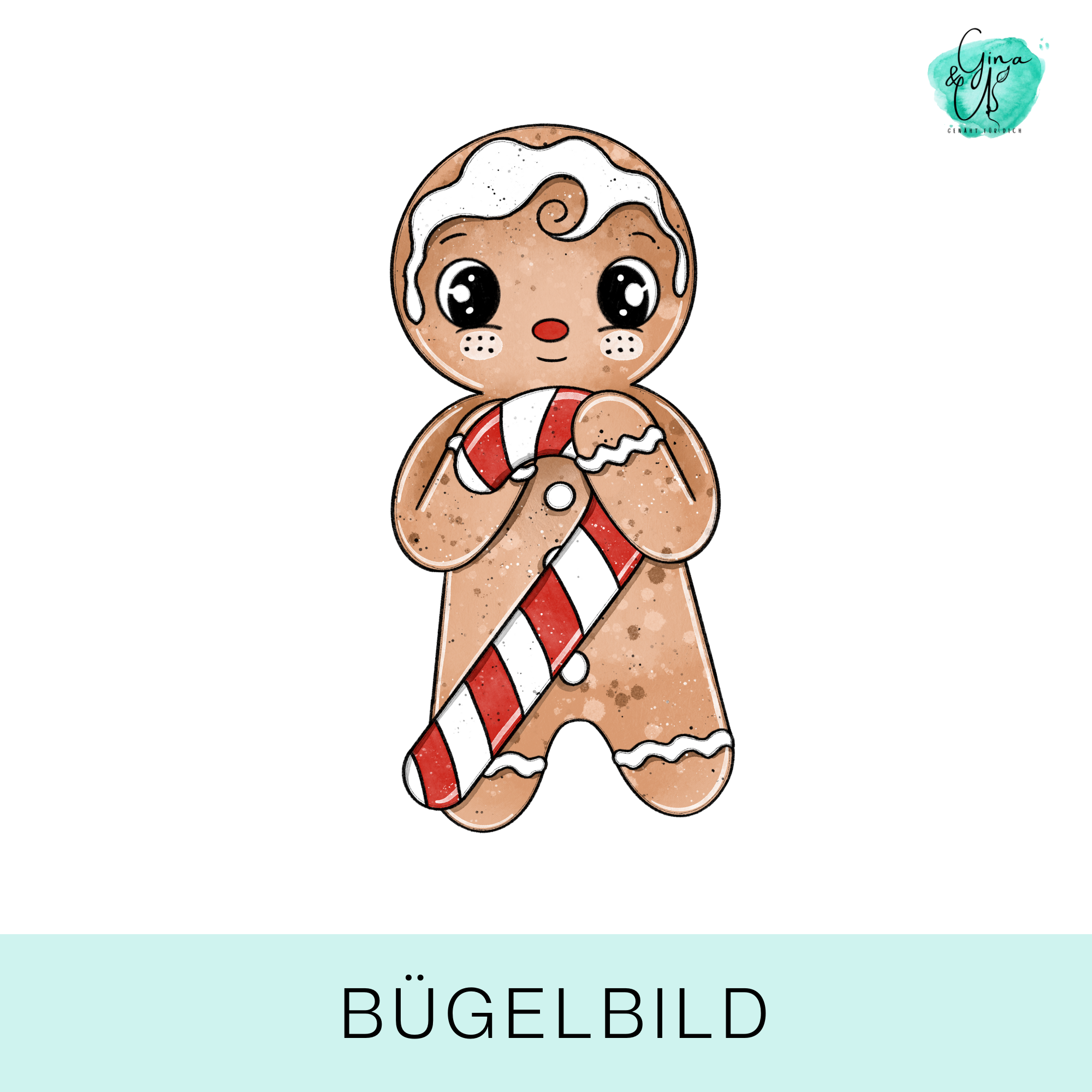 Bügelbild für Kinder Lebkuchenmann mit Zuckerstange für Weihnachten von Katzengold Design