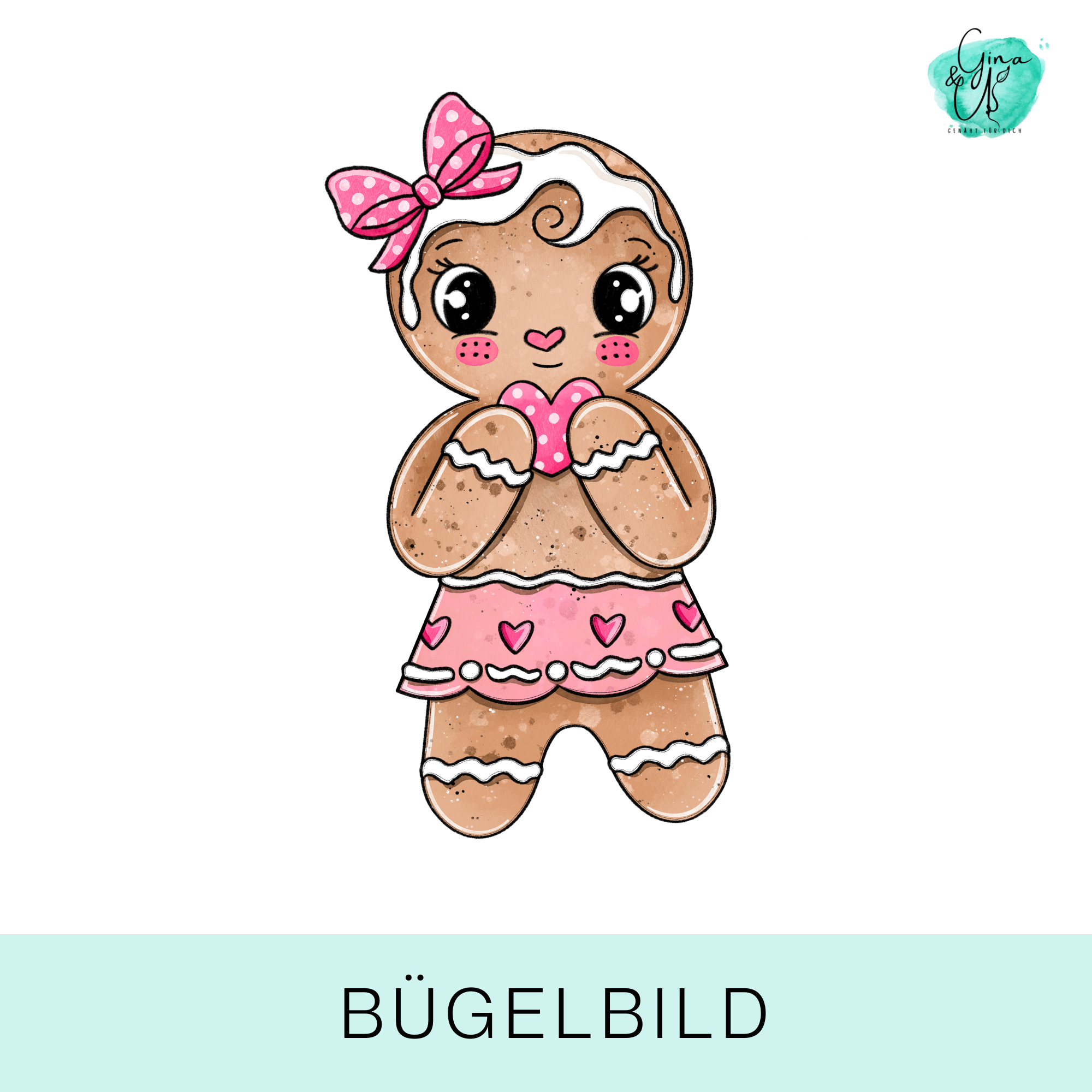 Bügelbild für Kinder süßes Lebkuchen Mädchen mit Herz für Weihnachten von Katzengold Design