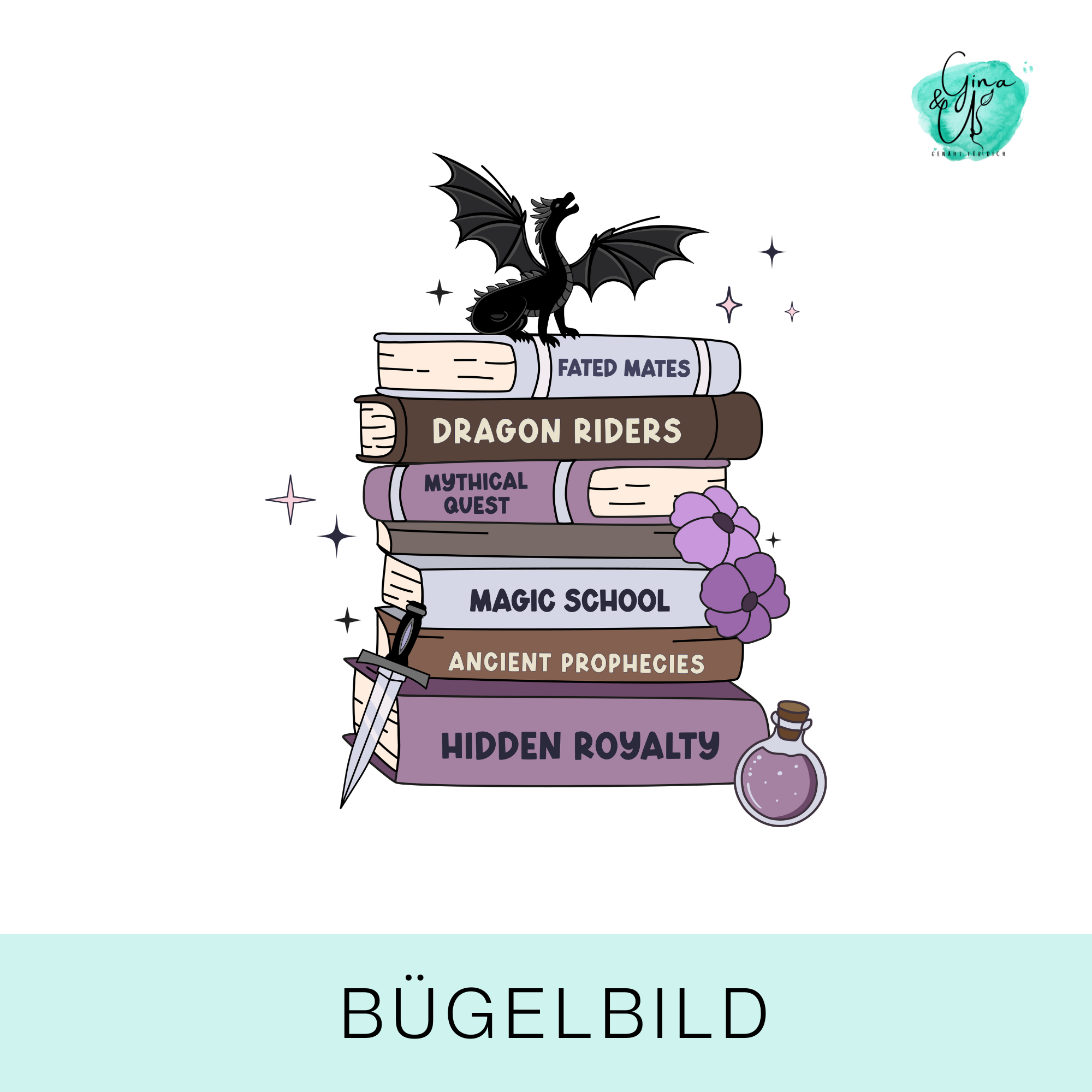 Bügelbild für Buchliebhaber. Bücherstapel mit Drachen.