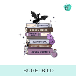 Bügelbild für Buchliebhaber. Bücherstapel mit Drachen.