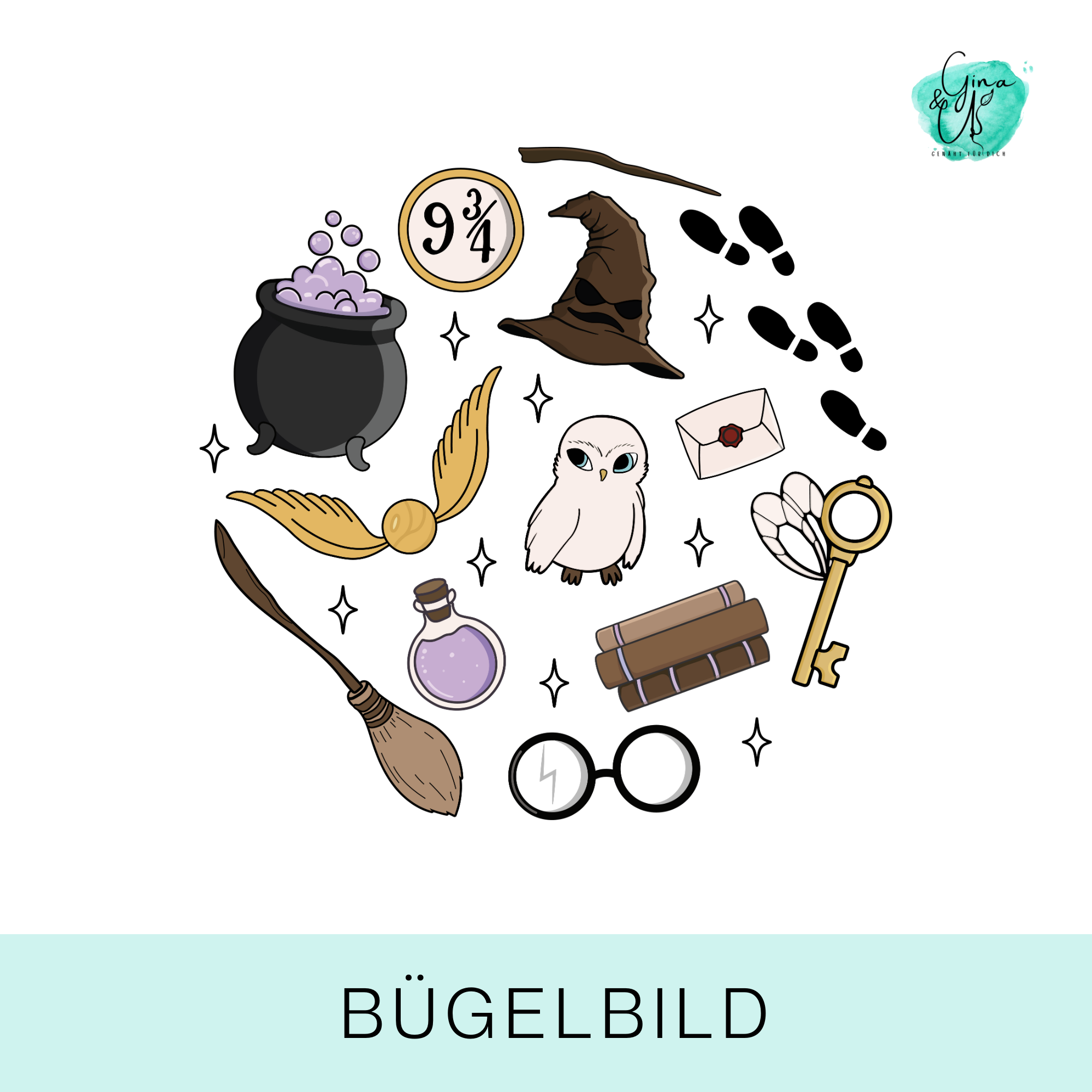 Bügelbild magische Sachen, Zaubertopf, Eule, Brille, Schlüssel, magischer Hut