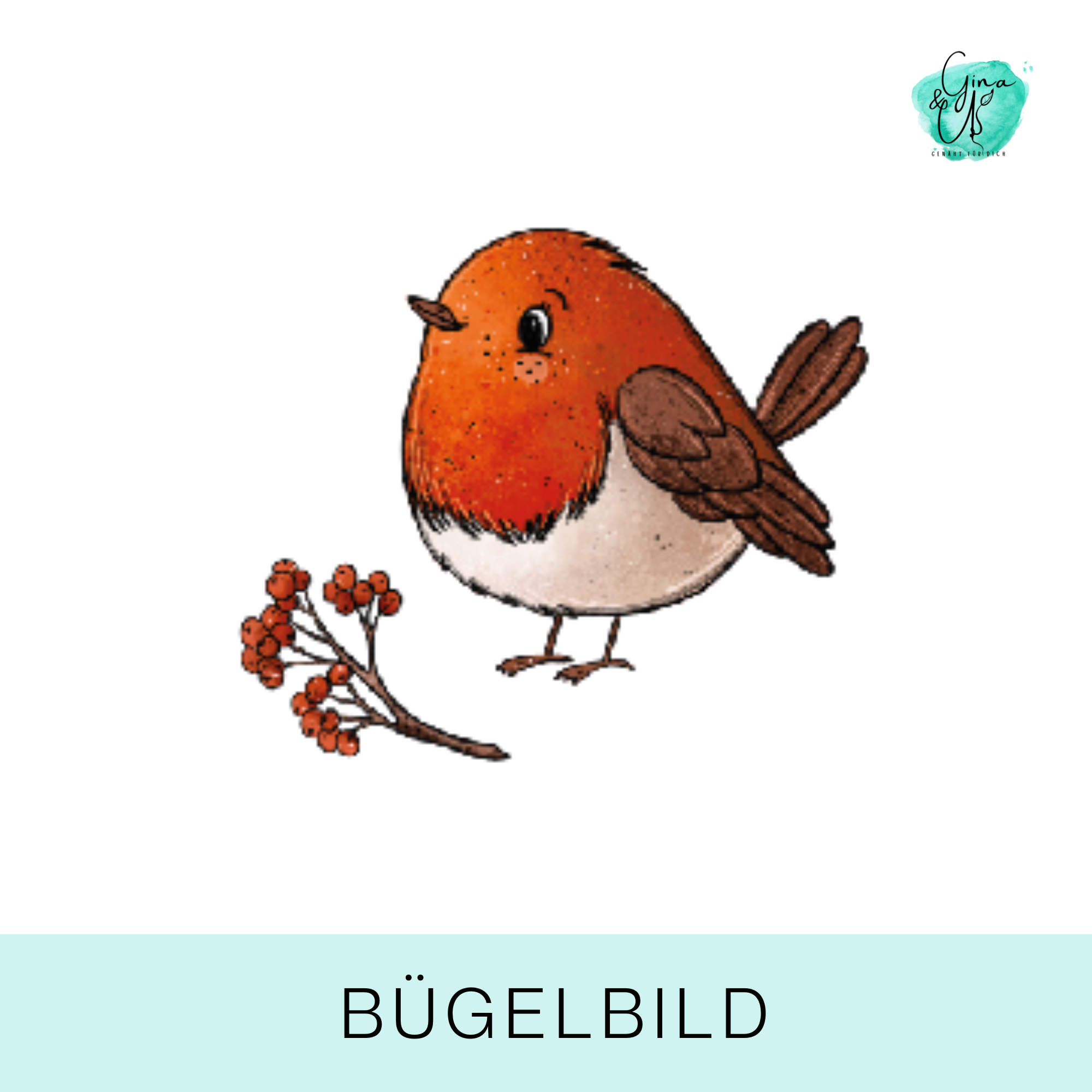 Bügelbild für Kinder Rotkehlchen Vogel mit Zweig von Katzengold Design