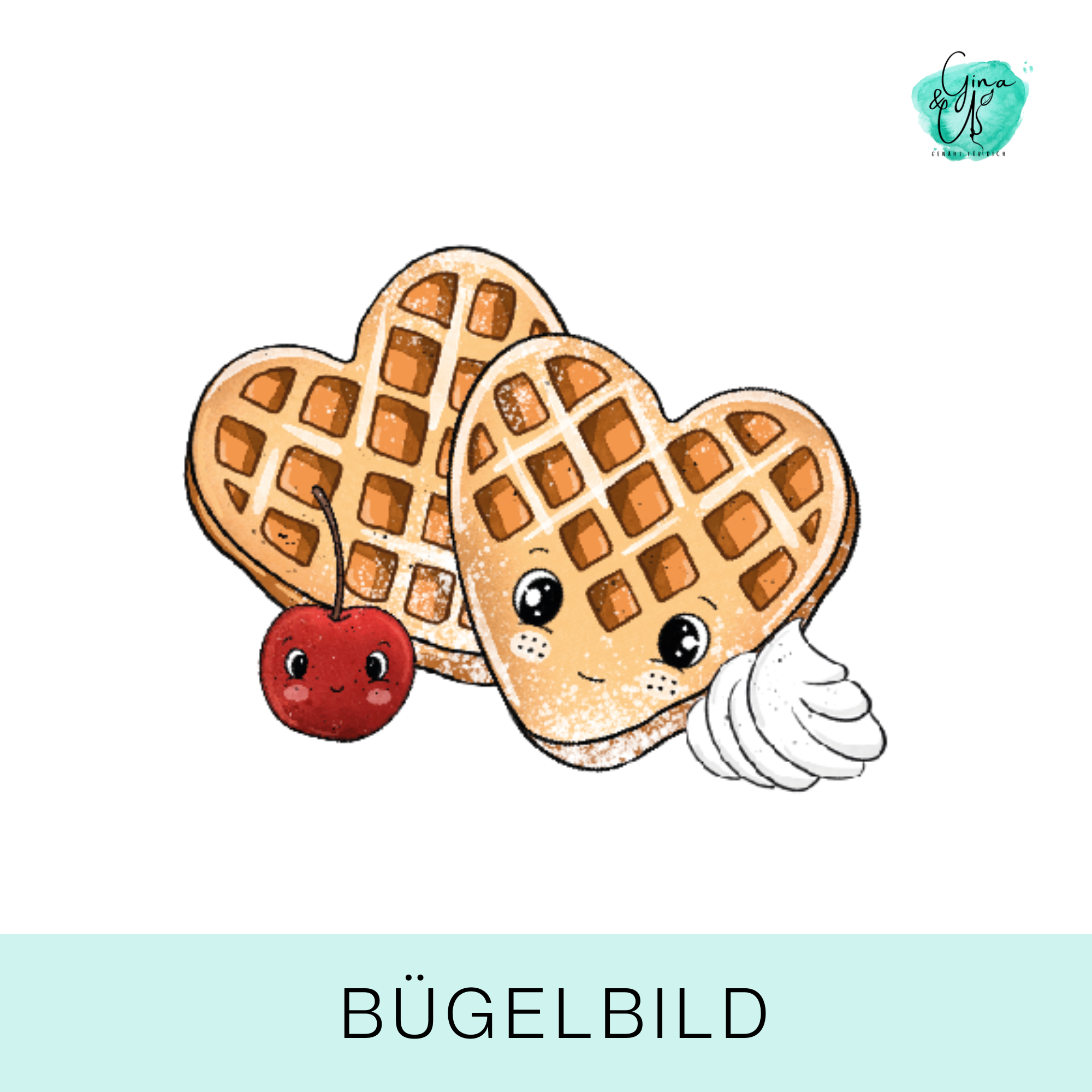 Bügelbild für Kinder süße Waffel in Herzchenform mit Sahne und Kirschen von Katzengold Design