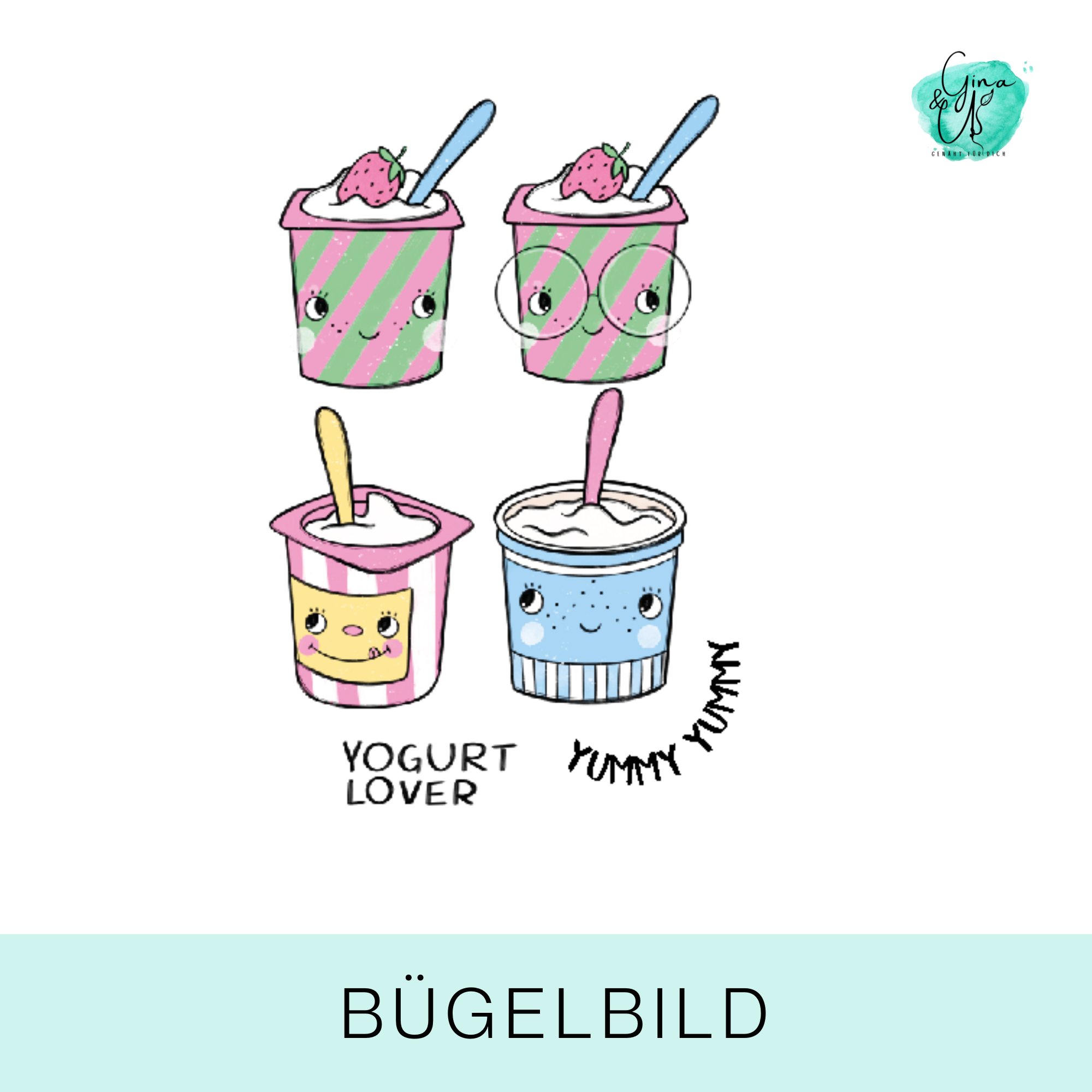 Bügelbild für Kinder mit verschiedenen Joghurt Bechern von Katzengold Design