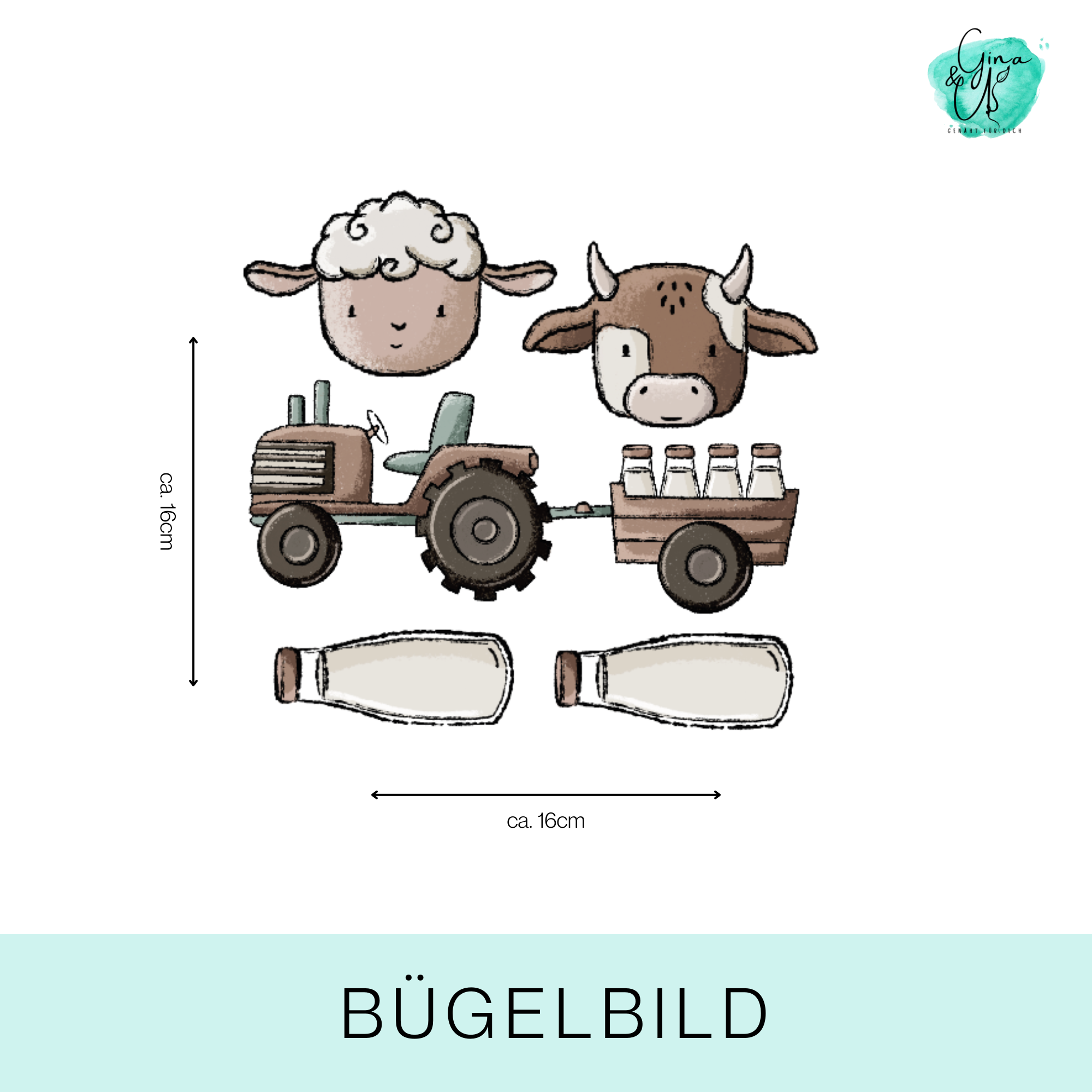 Bügelbild für Kinder mit süßer Milchfarm von Katzengold Design. Ideal für Kleidung, Taschen und mehr! 