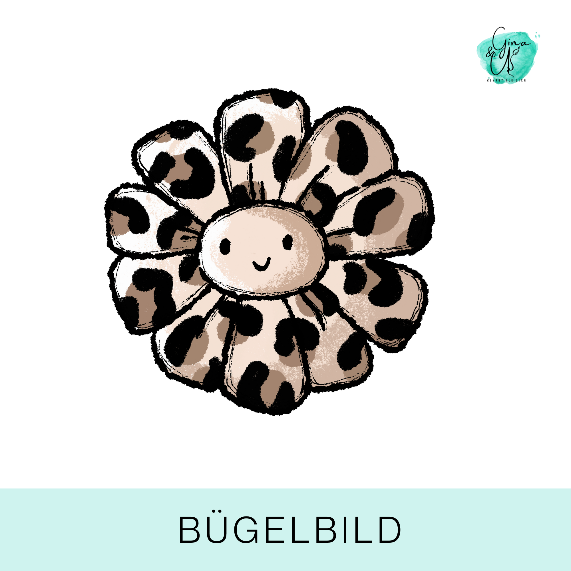 Bügelbild für Kinder süße Blume mit Leomuster und lächendem Gesicht von Katzengold Design. Ideal für Kleidung, Taschen und mehr! 