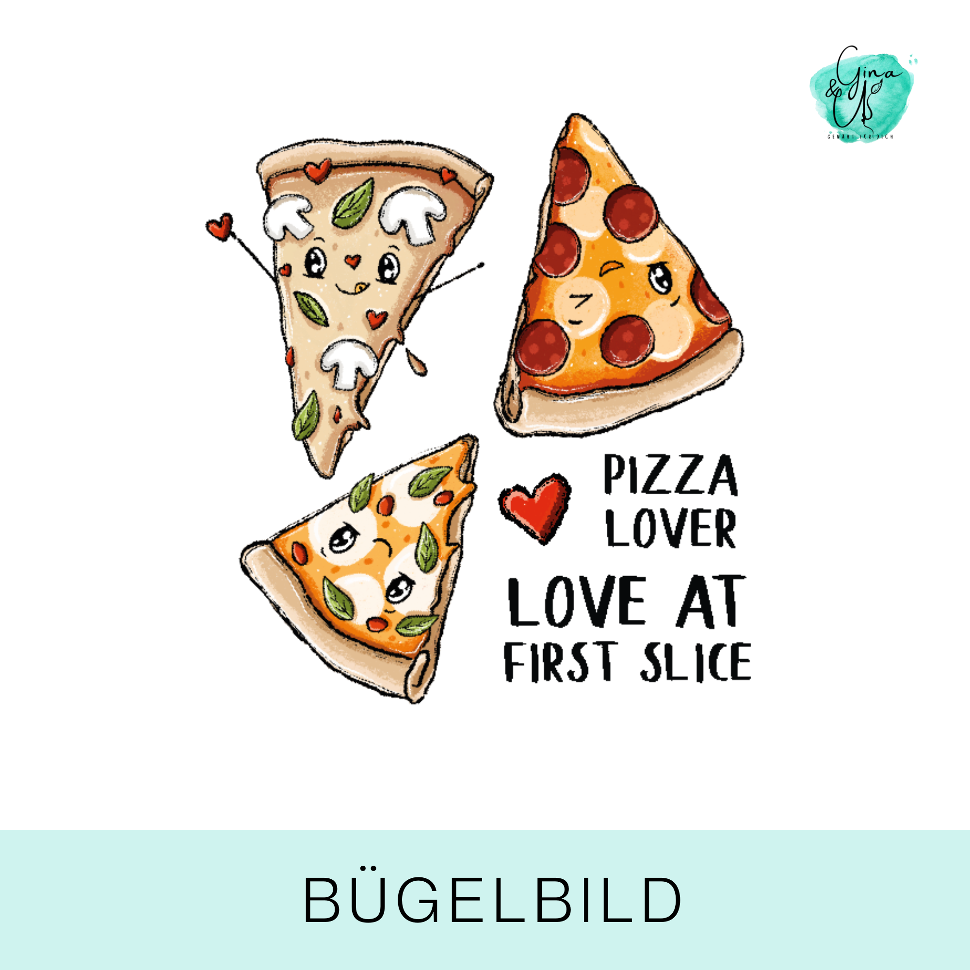 Bügelbild für Kinder mit süßer Pizza von Katzengold Design - super süß und einfach nur goldig. Ideal für Kleidung, Taschen und mehr!