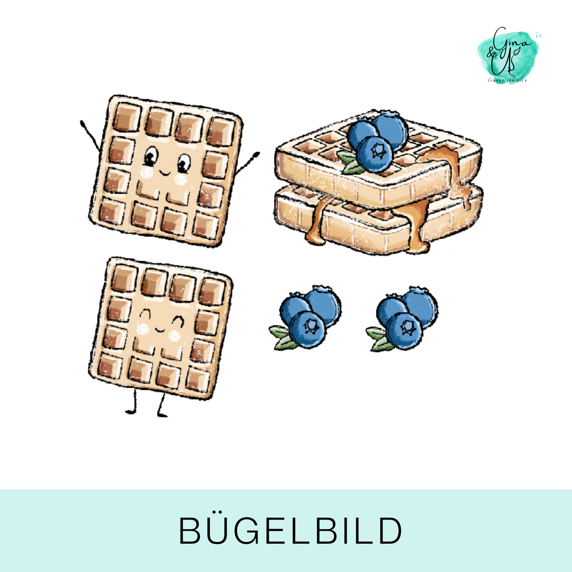 Bügelbild für Kinder mit süßer Waffel von Katzengold Design - super süß und einfach nur goldig. Ideal für Kleidung, Taschen und mehr!