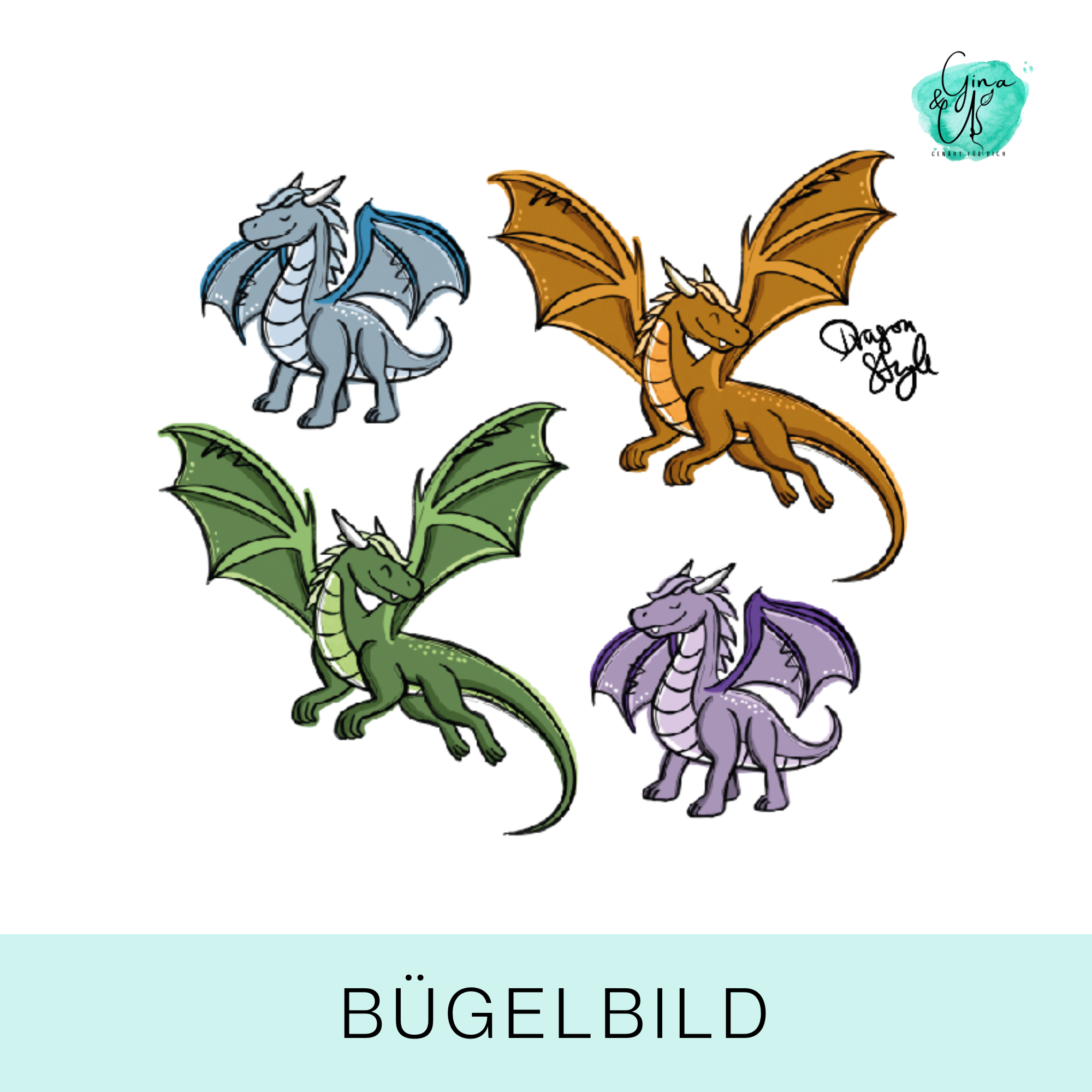 Bügelbild für Kinder mit coolen Drachen von Katzengold Design - super süß und einfach nur goldig. Ideal für Kleidung, Taschen und mehr!