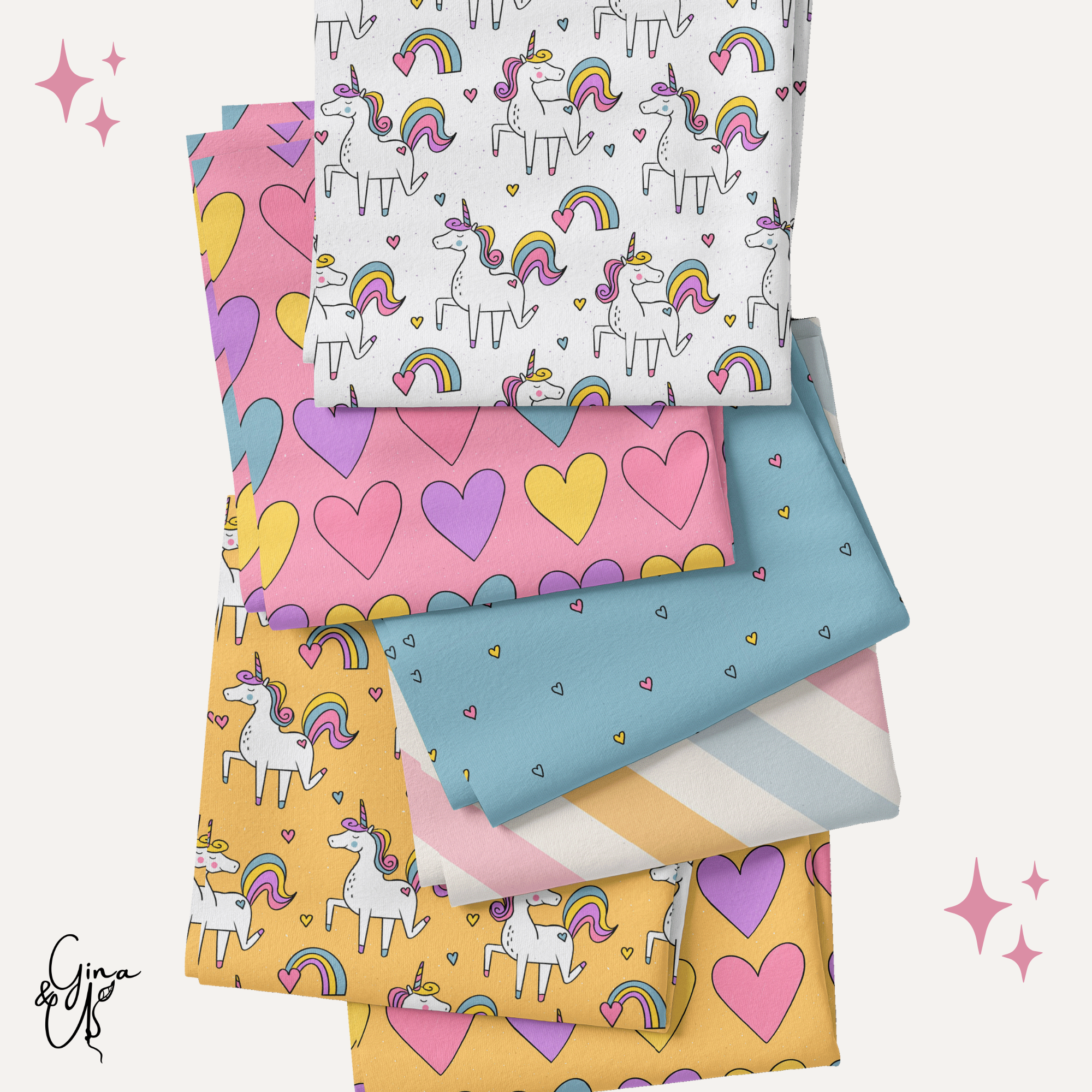 Kinderstoff Meterware Einhornkollektion als Stapelfoto