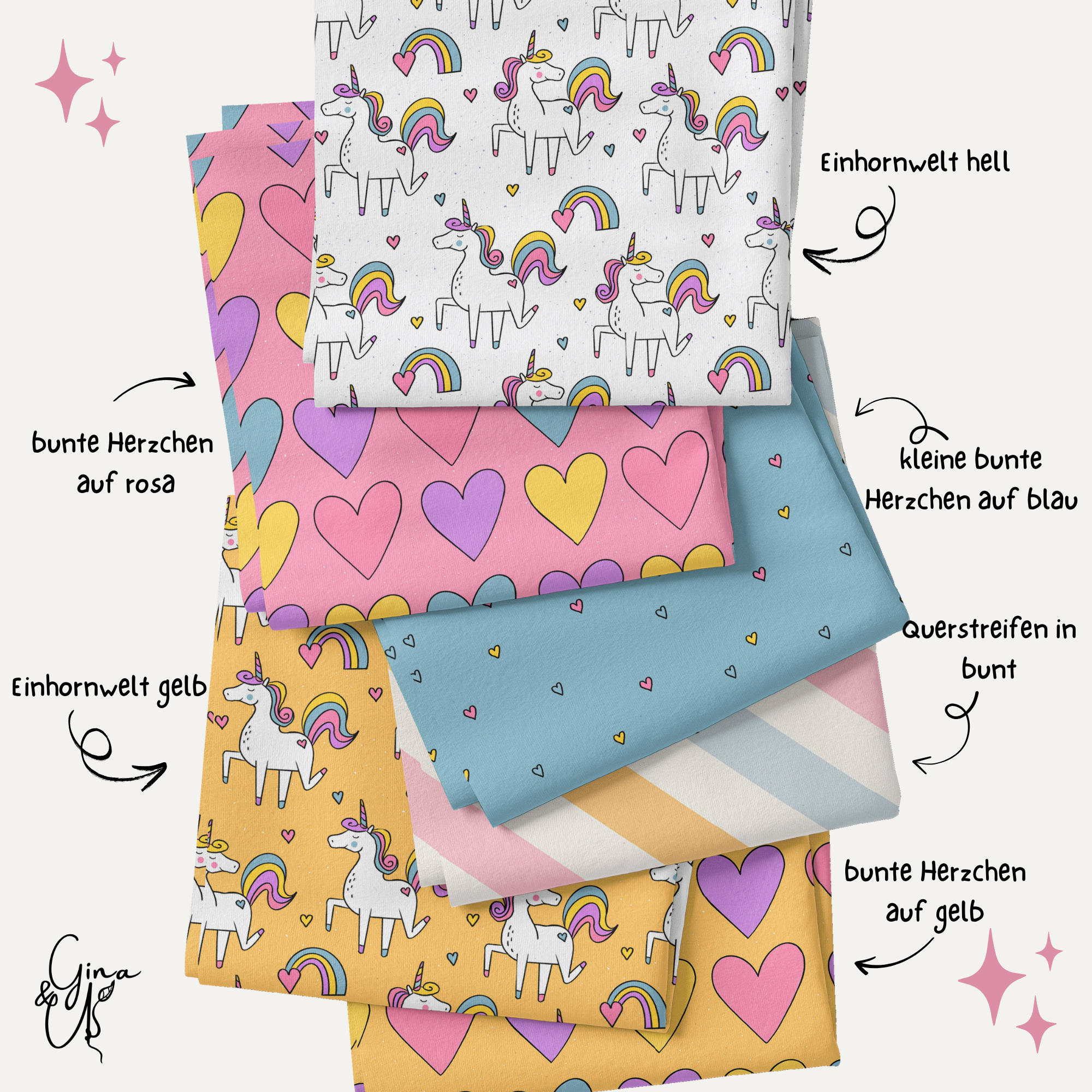 Kinderstoff Meterware Einhornkollektion als Stapelfoto mit Beschriftung