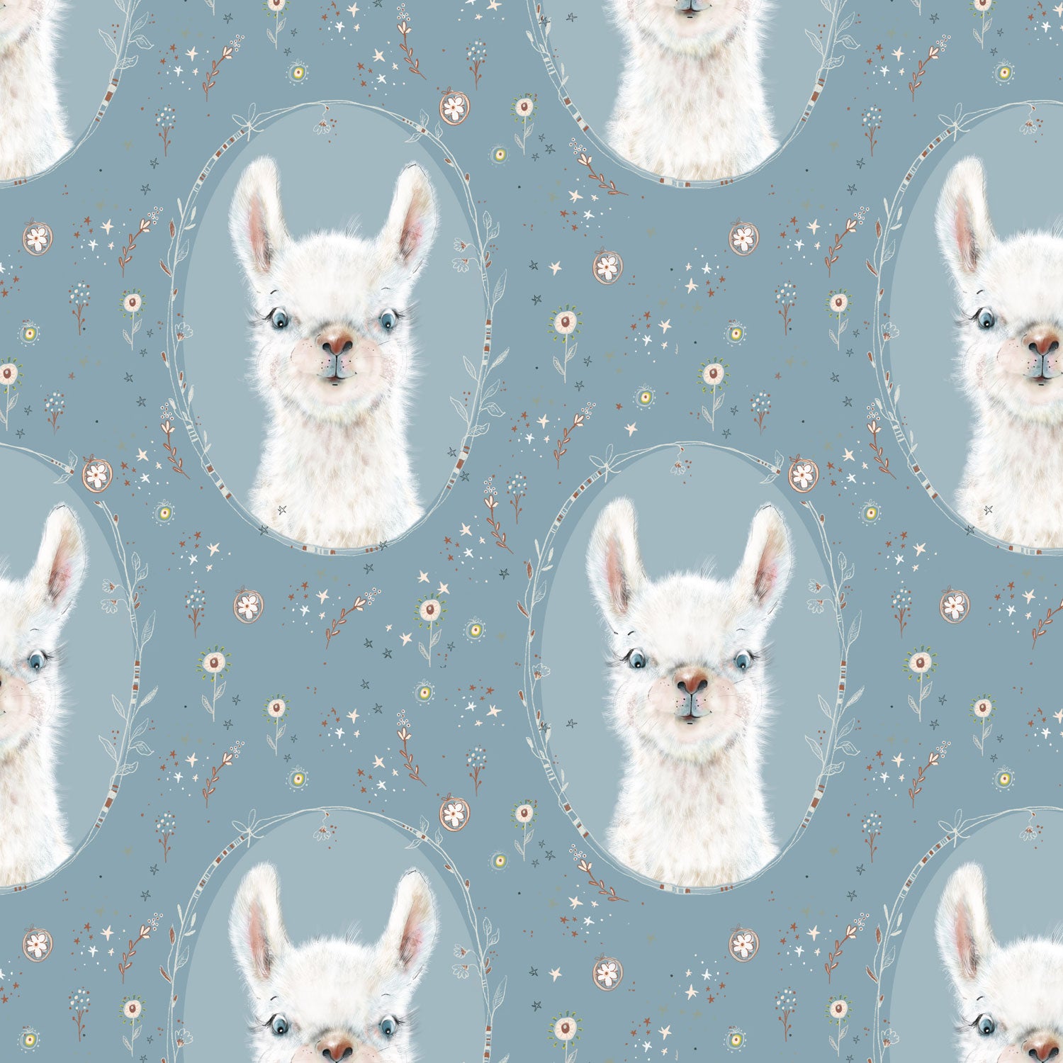 Kinderstoff Meterware Lama auf blau mit Blumen