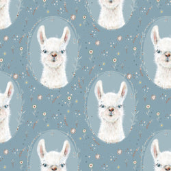 Kinderstoff Meterware Lama auf blau mit Blumen
