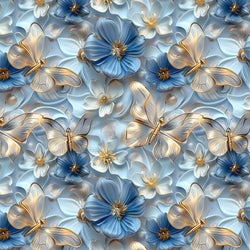 Damenstoff Meterware blaue Blumen und zarte Schmetterlinge mit etwas Gold