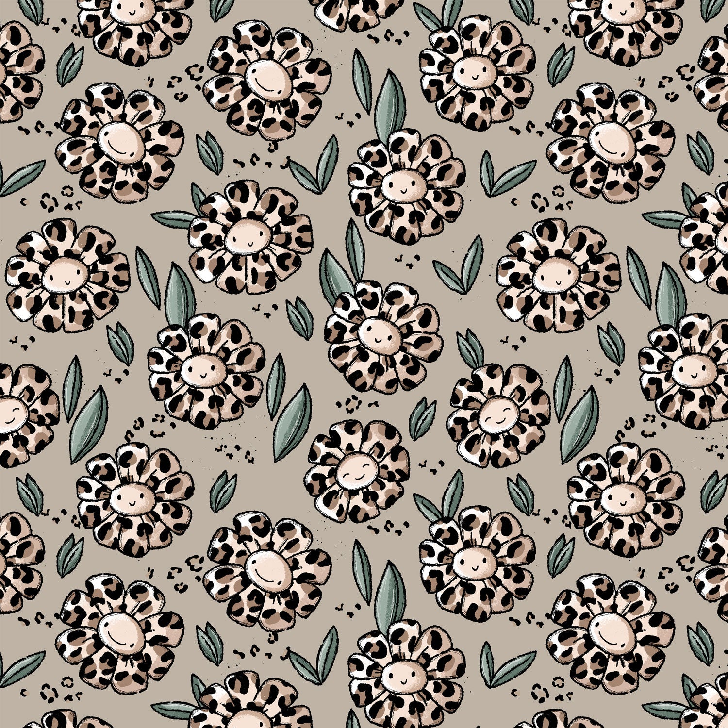 Kinderstoff Meterware süße Blumen in Leo Optik mit Gesichtern von Katzengold Design 