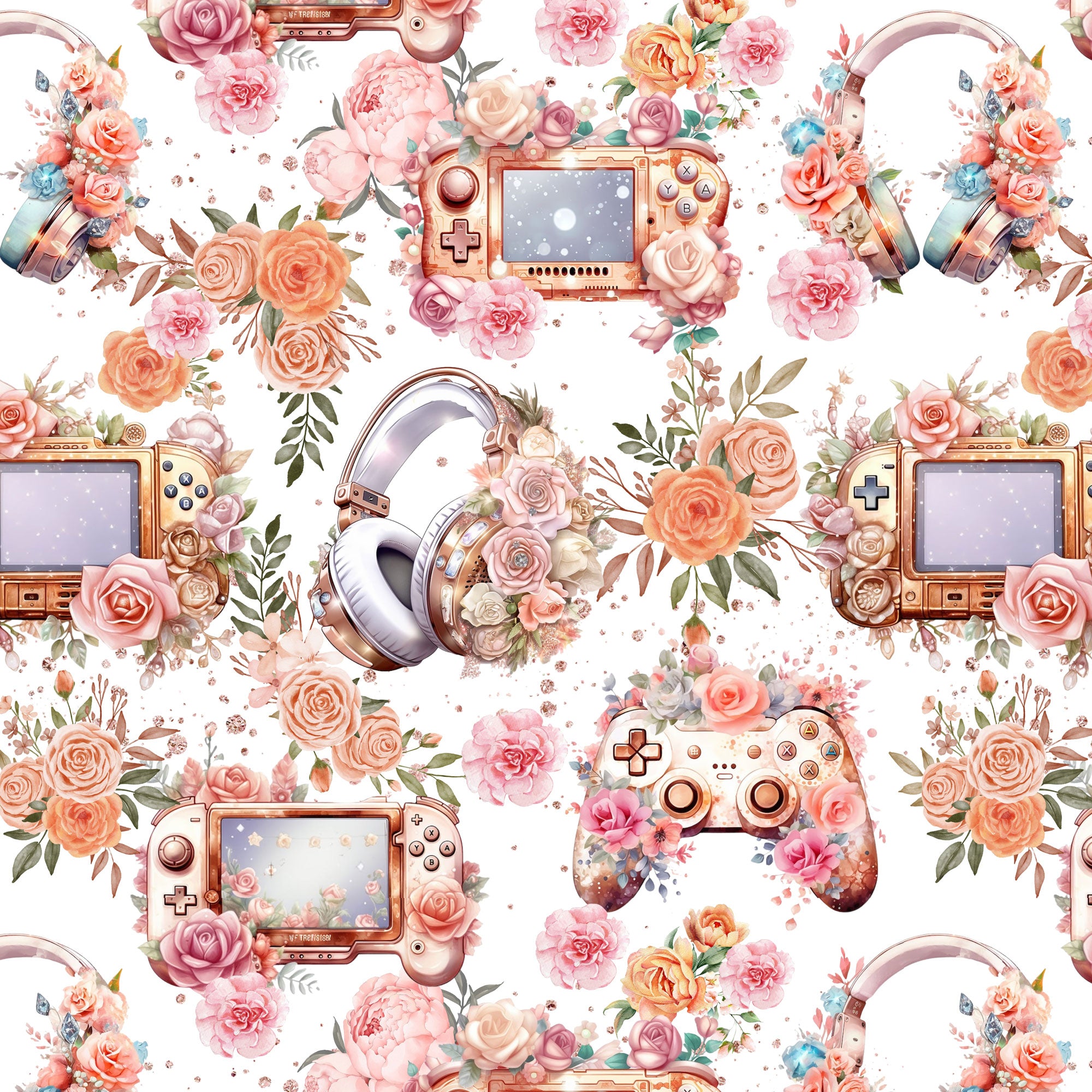 Kinderstoff Damenstoff mit Controllern, Spielekonsole und Kopfhörern und Blumen