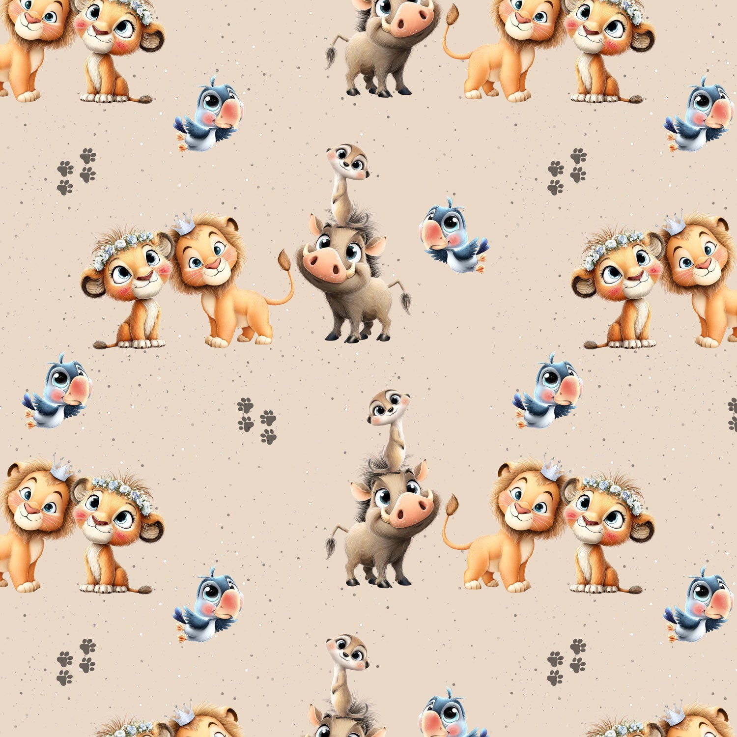 Kinderstoff süßer Löwenkönig, Löwin, Erdmännchen, Warzenschwein