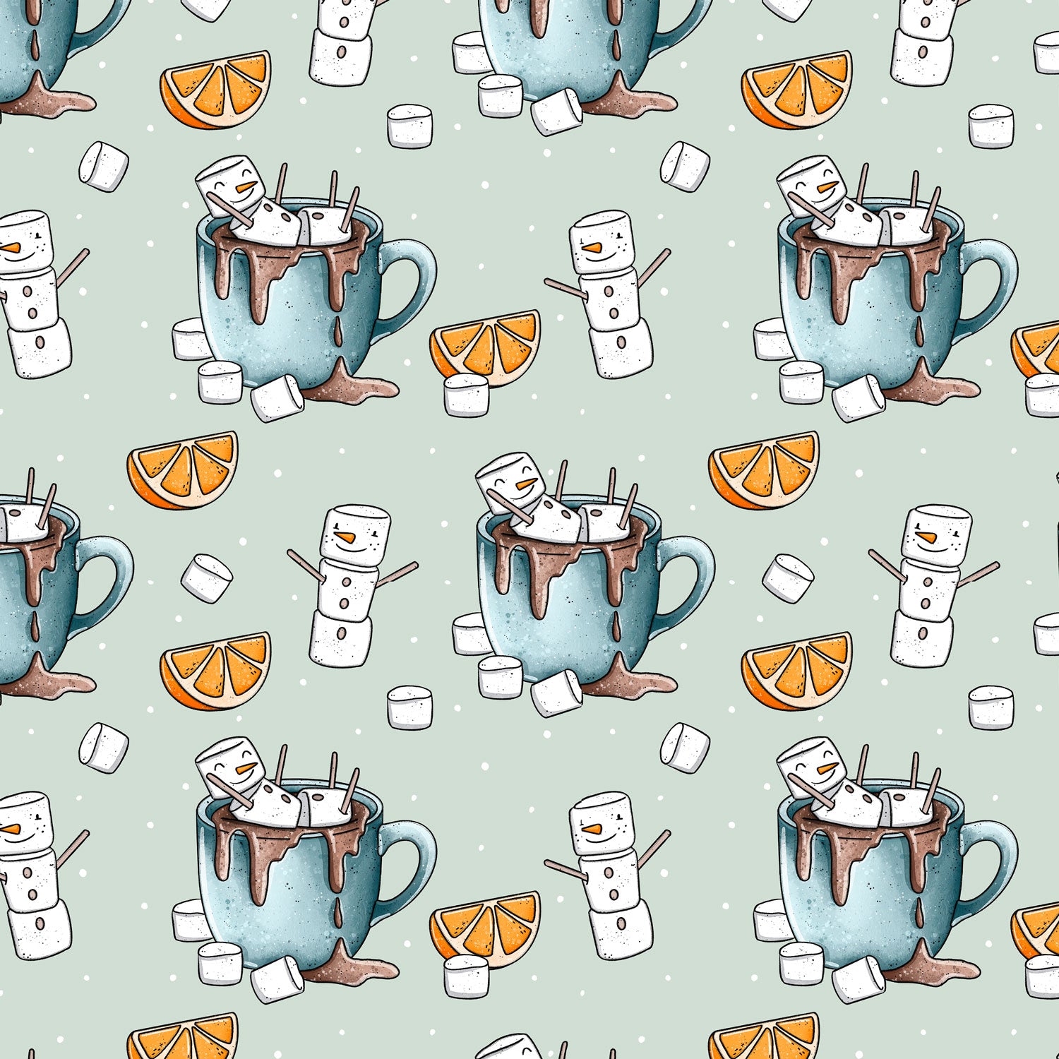 Kinderstoff weihnachtliche Tassen mit Schneemännern aus Marshmellows auf mint mit Orangen von Katzengold Design