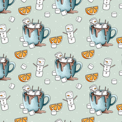 Kinderstoff weihnachtliche Tassen mit Schneemännern aus Marshmellows auf mint mit Orangen von Katzengold Design