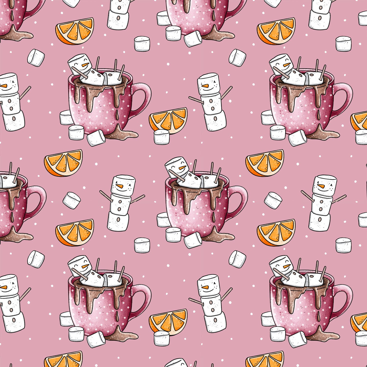 Kinderstoff mit weihnachtliche Tassen mit Schneemännern aus Marshmellows auf rosa mit Orangen von Katzengold Design