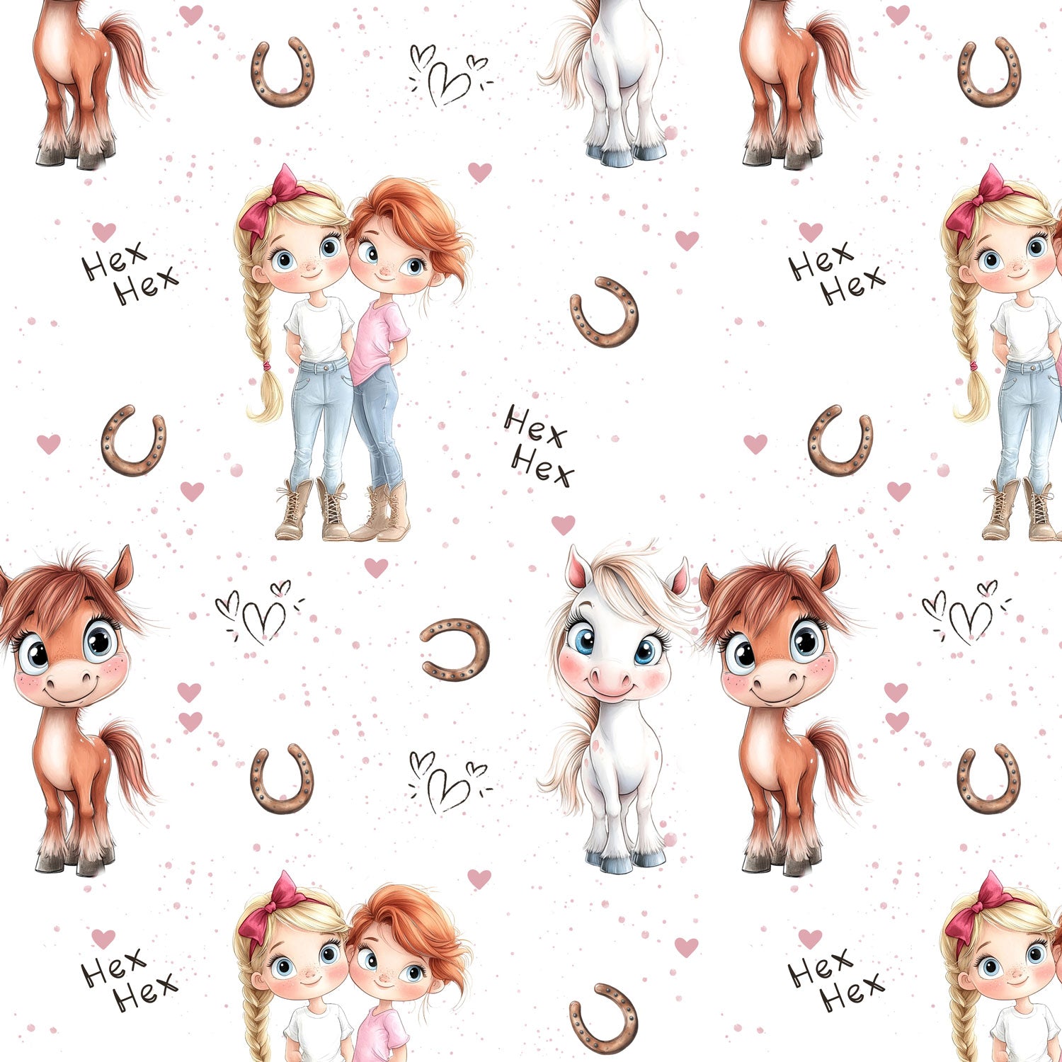 Kinderstoff Hexenmädchen Mimi & Freundin mit Pferden Herzchen und Hufeisen