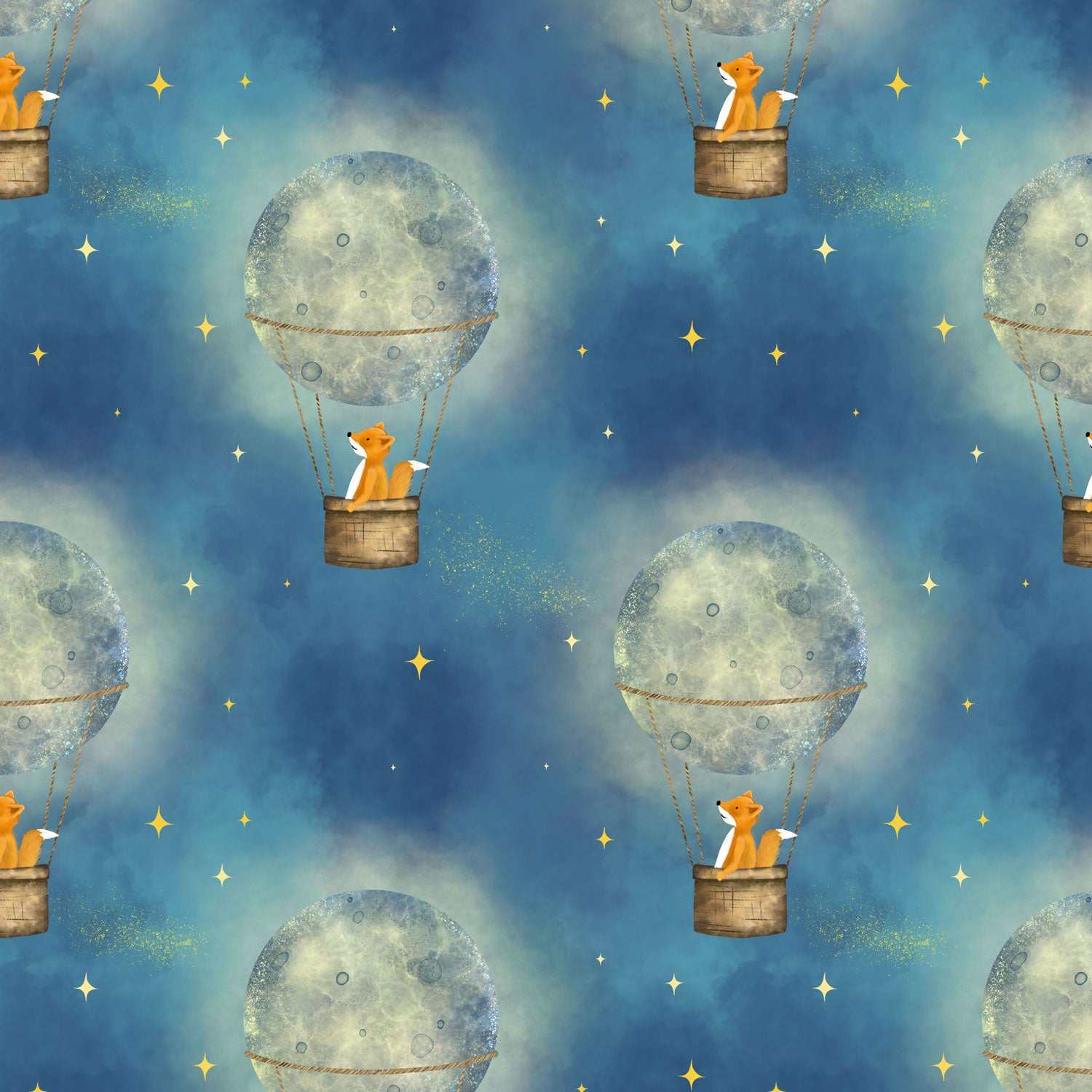 Kinderstoffe Meterware Fuchs im Heißluftballon mit Mond blau und Sterne