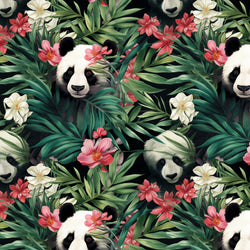 Damenstoff Kinderstoff mit süßen Pandas hinter Blättern und Blumen