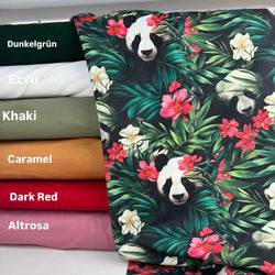 Damenstoff Kinderstoff mit süßen Pandas hinter Blättern und Blumen Kombistoffe