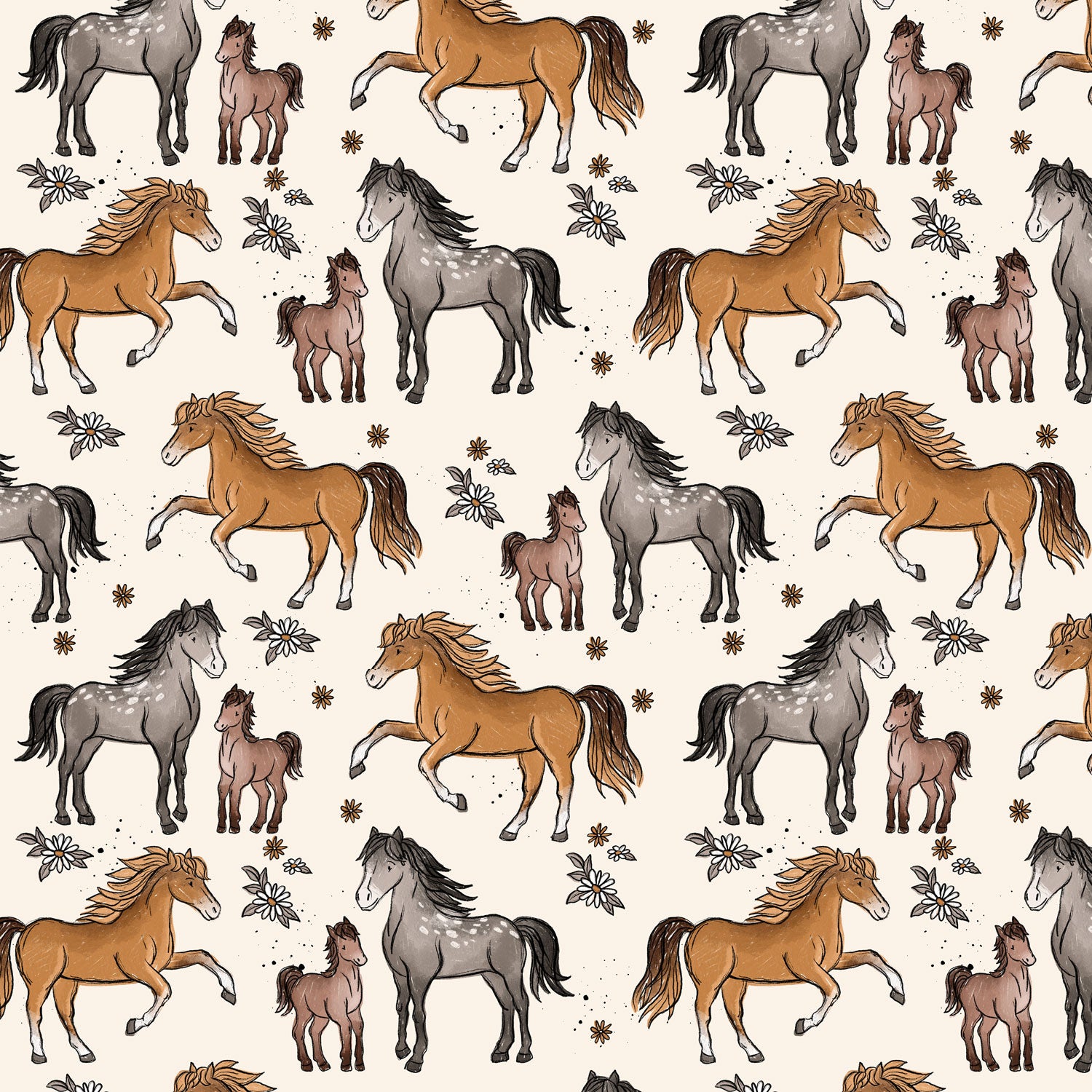 Kinderstoff Meterware Pferde in braun und grau mit Blumen von Katzengold Design