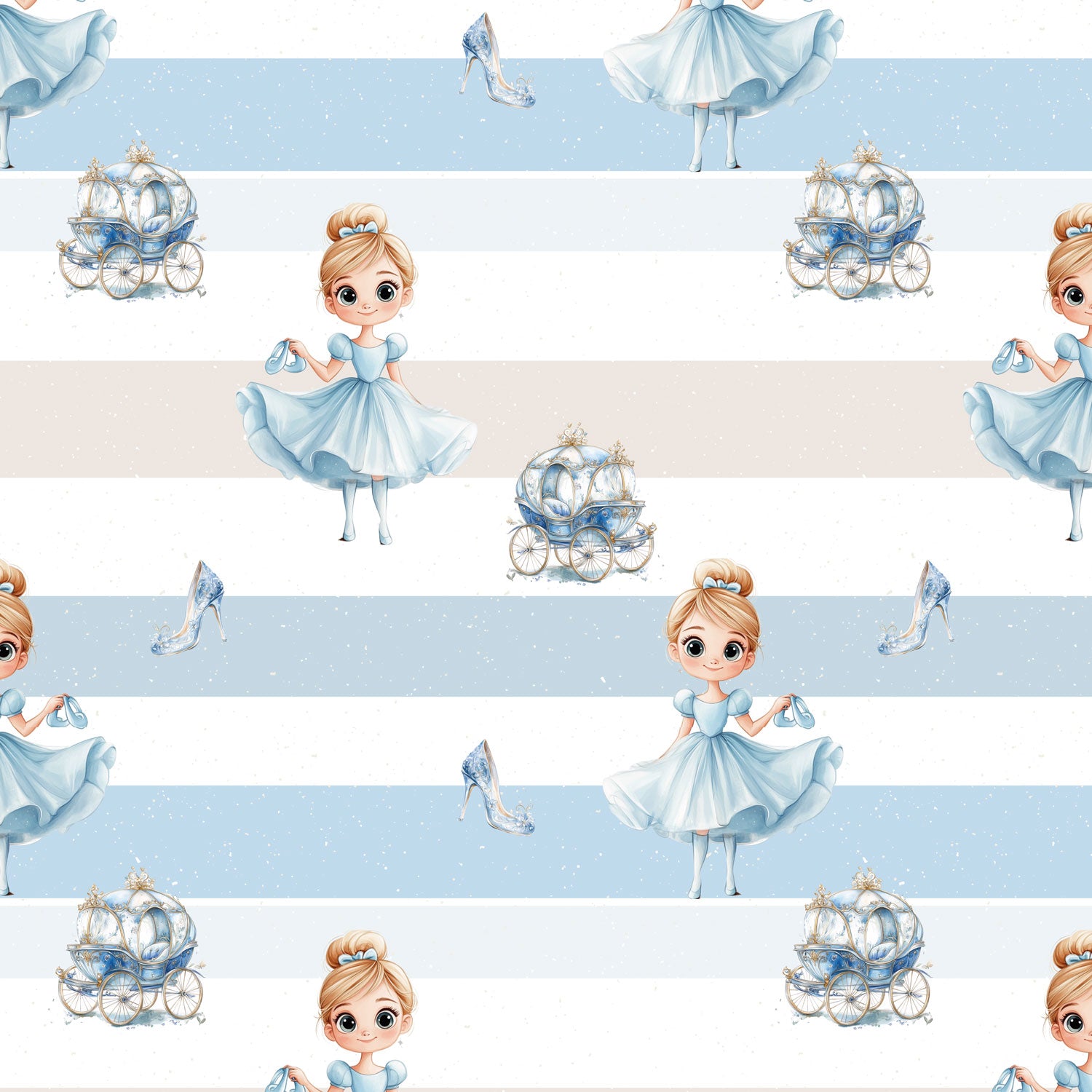 Kinderstoff Meterware Prinzessin im Ballkleid mit Schuhen in der Hand auf Streifen