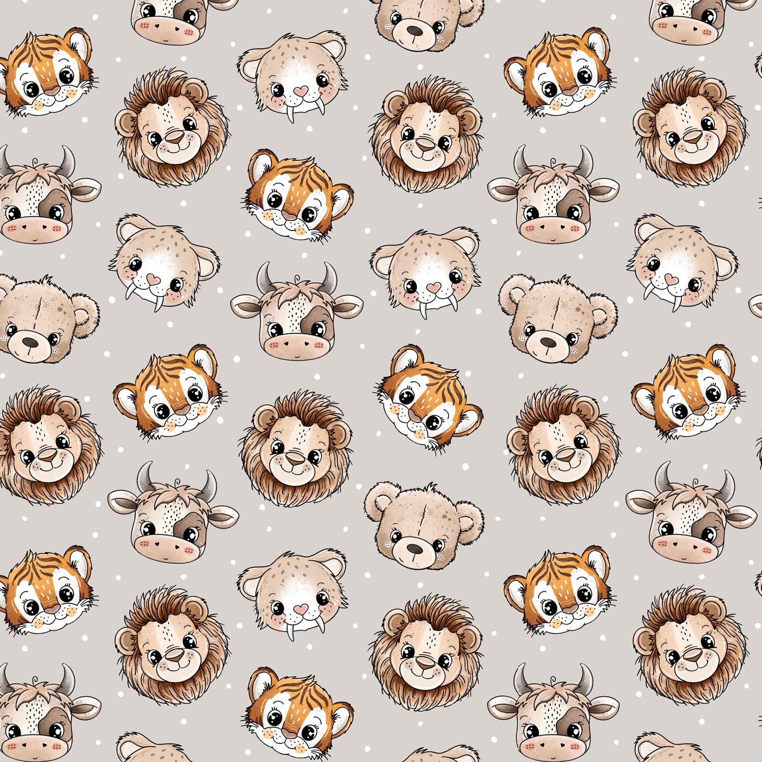 Kinderstoff Meterware Roar Tierköpfe von Katzengold Design Löwe, Sebelzahntiger Tiger Bär und Kuh