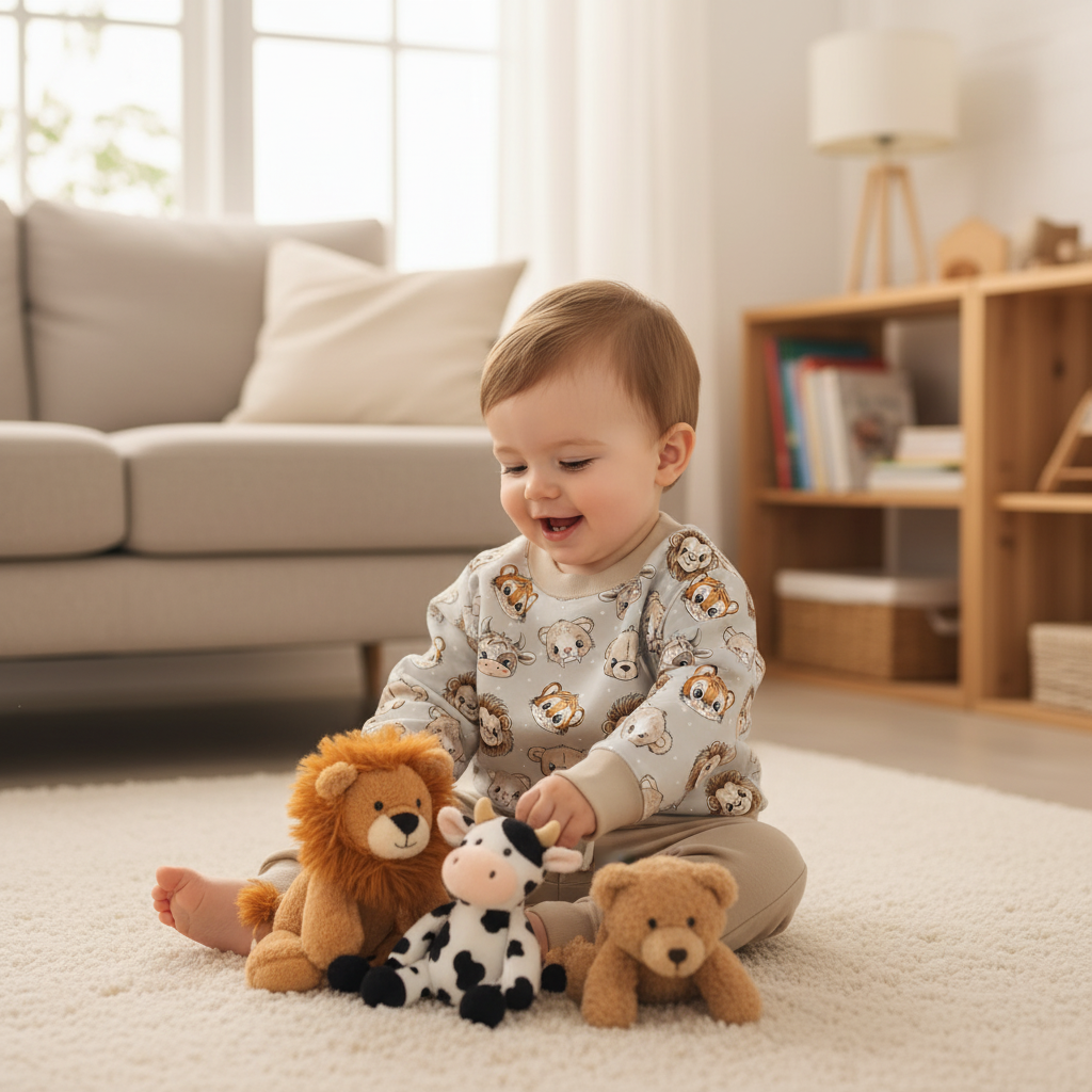 Kinderstoff Meterware Roar Tierköpfe von Katzengold Design Löwe, Sebelzahntiger Tiger Bär und Kuh als Pullover am Kind