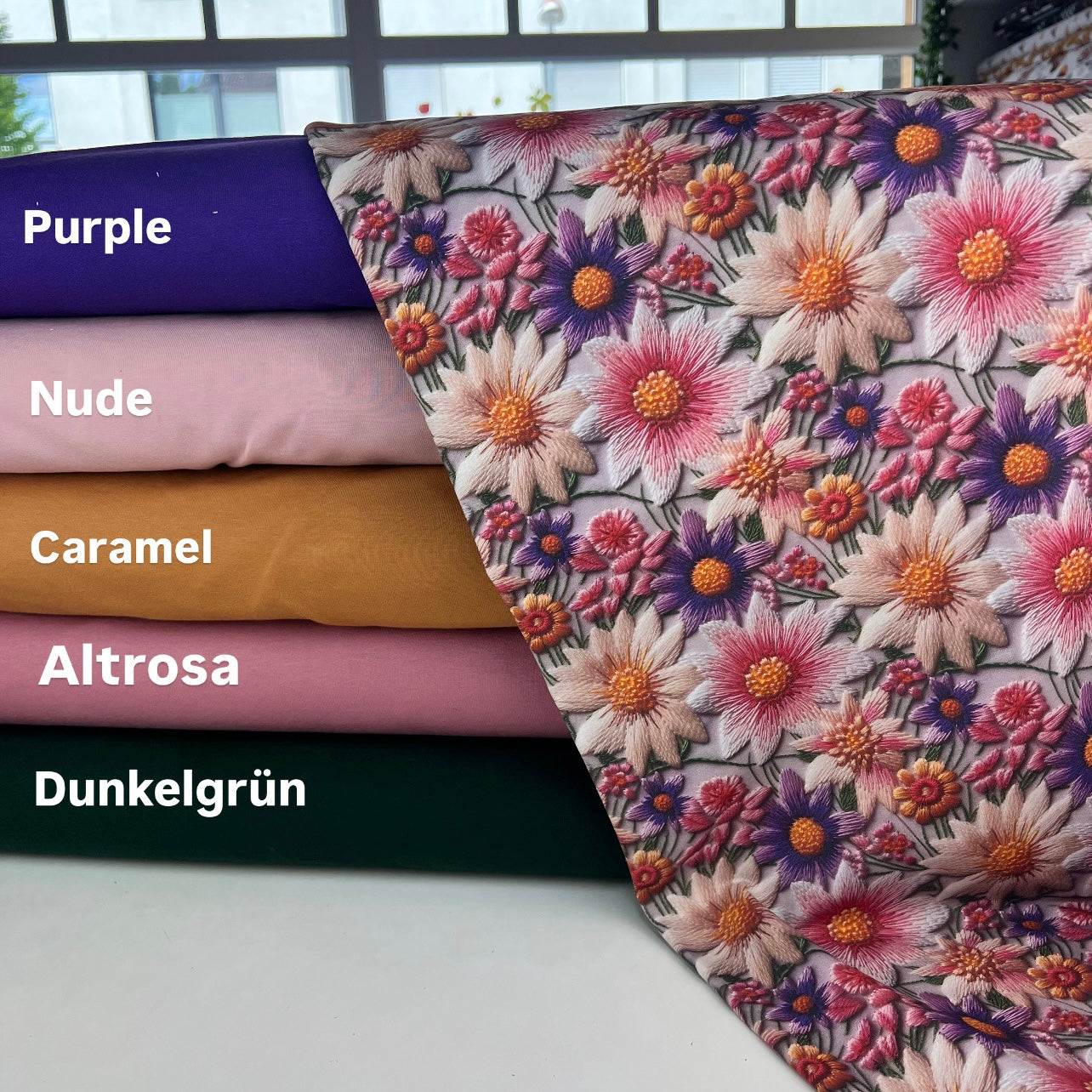 Damenstoff Blumenstoff Blumen in Stickoptik Kombistoffe