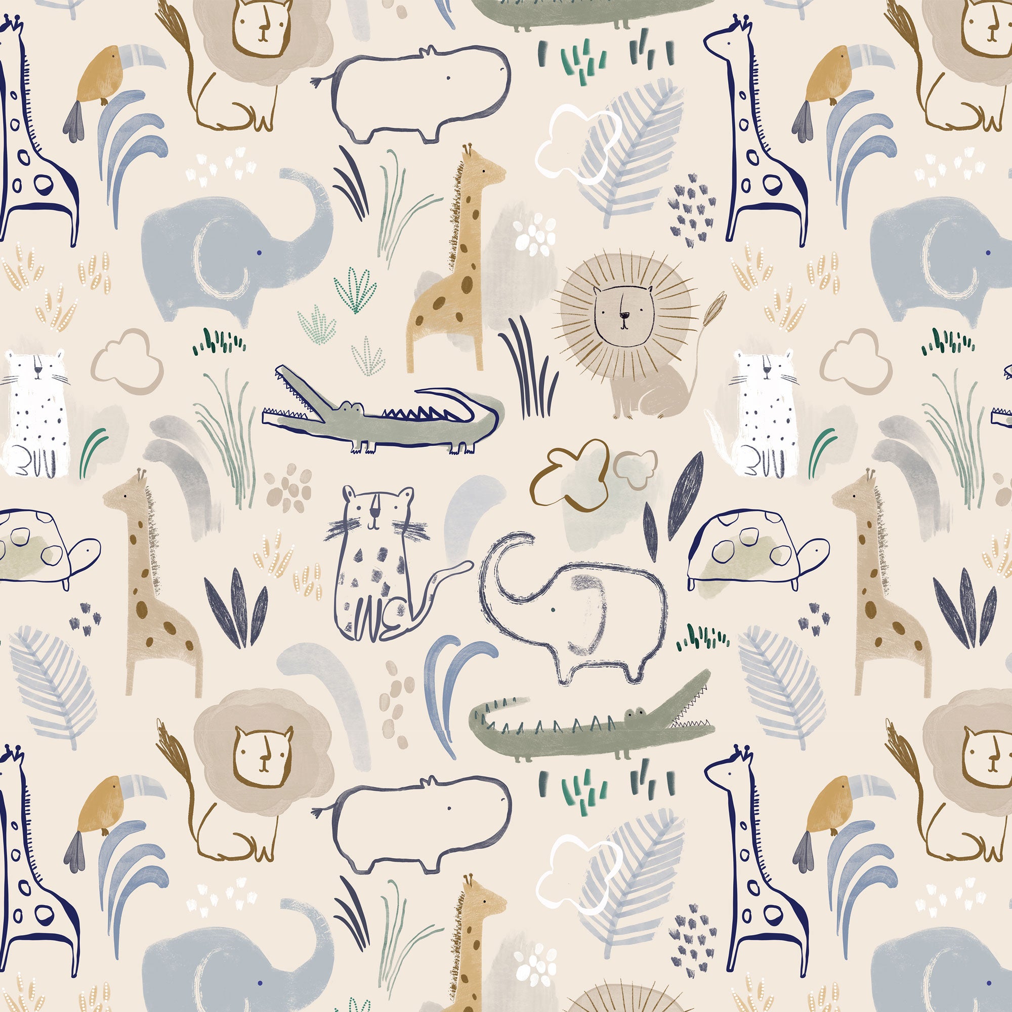 Meterware Kinderstoff Safari Tiere Löwe Krokodil Giraffe