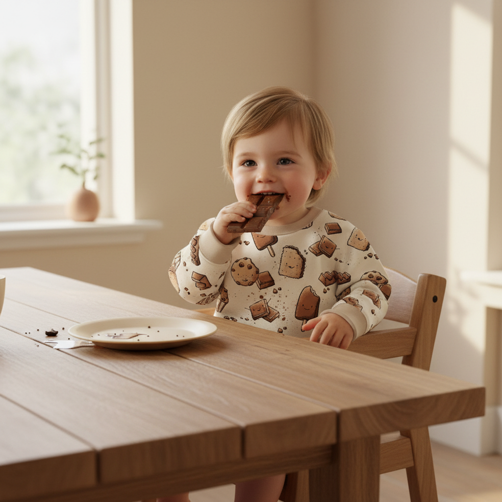 Kinderstoff Meterware süße Schokoladen, mit Schokoladenkeks, Schokoriegel, Schokoeis, Schokomuffin, Schokocookie, Schokoladen Stücke von Katzengold Design mit Kind das Schokolade isst