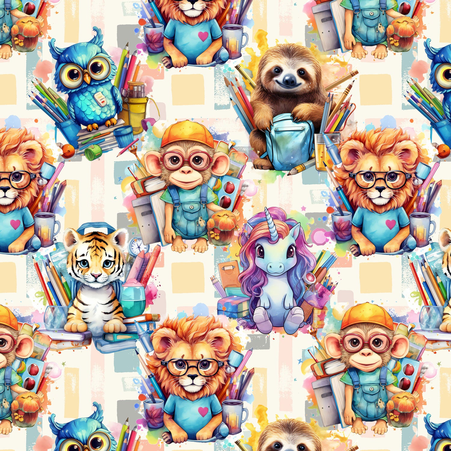 Kinderstoff Tiere mit Schulsachen Einschulung Löwe Affe Einhorn Tiger Eule