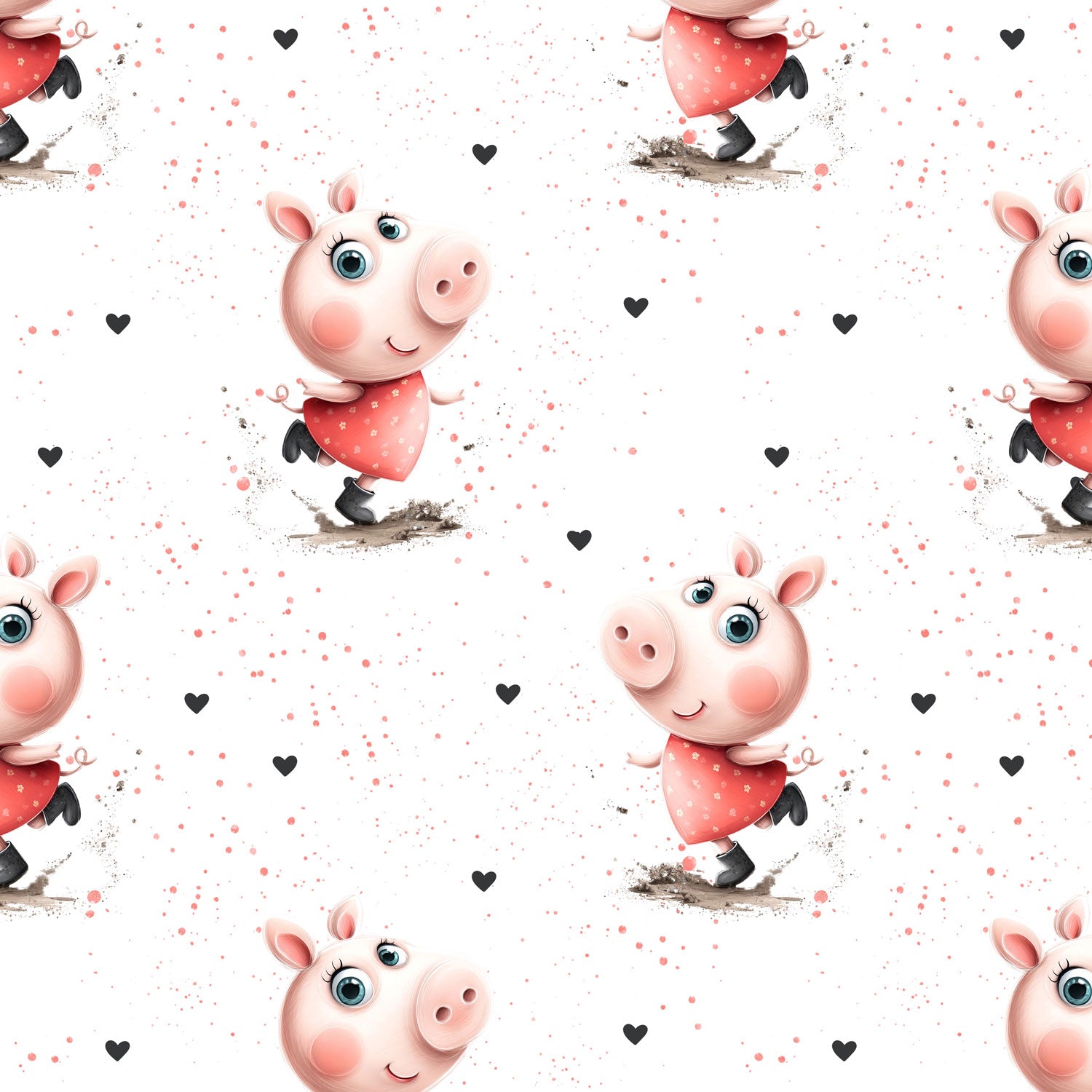Kinderstoff süßes Schweinemädchen mit rotem Kleid und Gummistiefeln Herzchen