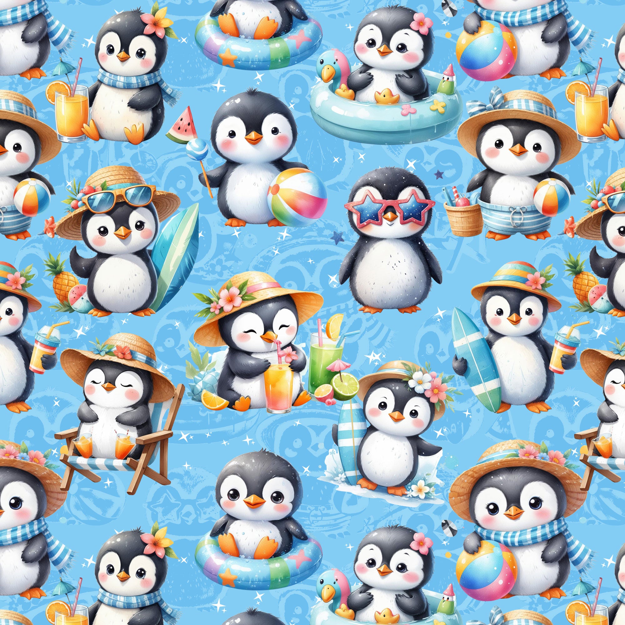 Kinderstoff Meterware süße Pinguine im Sommer Surfbrett Badehose Sommerlaune Sommerstoff