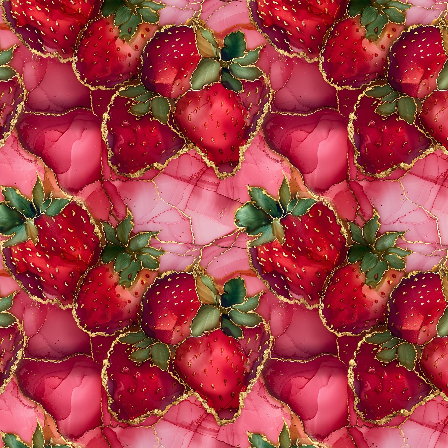 Meterware Damenstoff Erdbeeren in Alcohol Ink Optik und gold und rosa